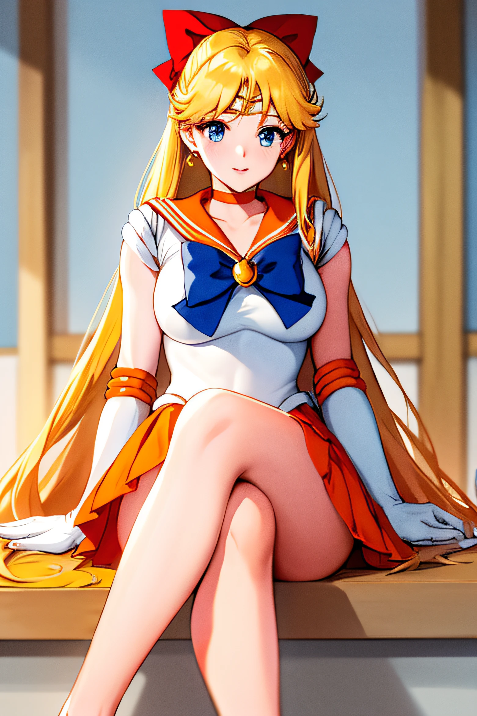 masterpiece, best quality, high resolution, high detail face, venus1, 1 girl, solo, sailor senshi uniform, sailor venus, aino minako, blonde hair, magical girl, blue eyes, orange skirt, elbow length gloves, tiara, pleated skirt, bow for hair, orange sailor necklace, mini skirt, choker, red bow, orange choker, white gloves, very long hair, jewelry, earrings, lying on her side on a bed, showing her ass, ass with a small white thong, very sexy nice ass, small breasts.