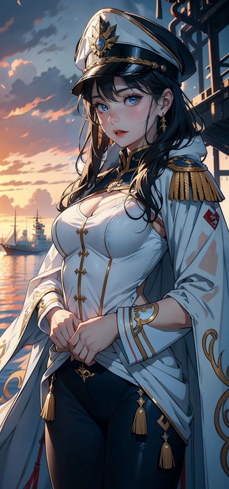 1womanl,33yo,熟妇,Bigchest,Raised sexy,Pornographic exposure, 独奏,Beauty contests,standing on your feet(Background with:the sea,snow mountains,warships,at winter season,Blizzarding,Big snowflakes)On warships, with his long black hair,Long hair flutters in the wind,dynamicposes,Sweat profusely,drenched all over the body,seen from the front, hair straight, mostly cloudy sky,(((tmasterpiece),(Very detailed CG unity 8K wallpaper),best qualtiy,cinmatic lighting,detailed back ground,beatiful detailed eyes,Bright pupils,(Very fine and beautiful),(Beautiful and detailed eye description),Blue eyes,Redlip,ultra - detailed,tmasterpiece,)),facing at camera,(The upper part of the body),A high resolution,ultra - detailed),revealing breasts,Bare genitalia, Bulge,legs are open,sexyposture,Camel toes,Flushed complexion,Open-mouthed,frontage,French officer,Officer's cap,(Wearing:White cloak,down jacket,White winter officer uniform,Sexy leggings,Armour,Gold wire embroidery,Snowflake decoration)