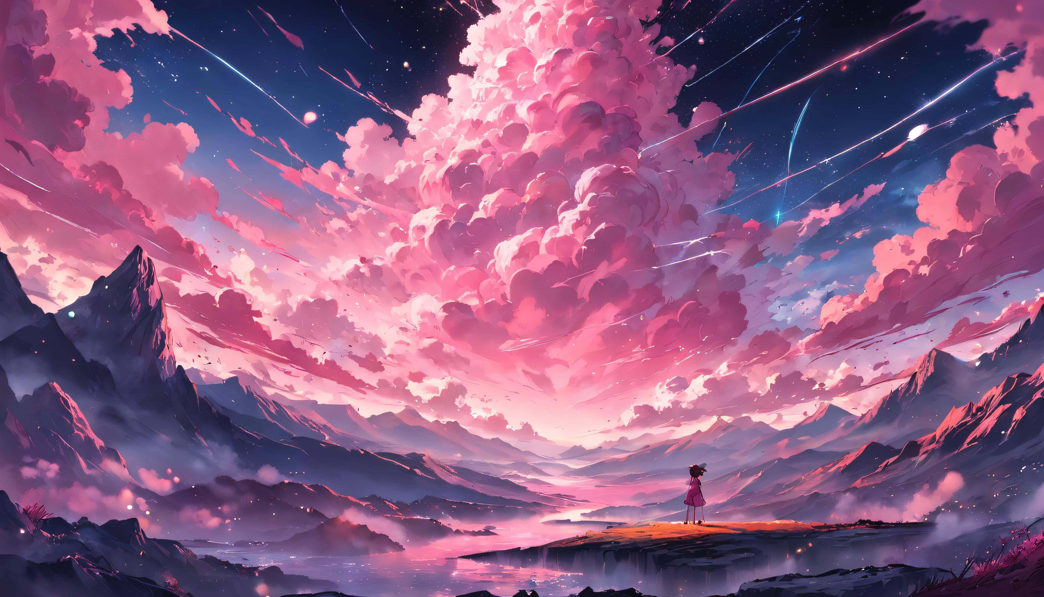 Imagination, Person Thinking, Green and Pink Clouds, Blue Sky, Wet Asphalt, Storm, Red Flowers, Green Grass, Butterflies, Moon, Stars,