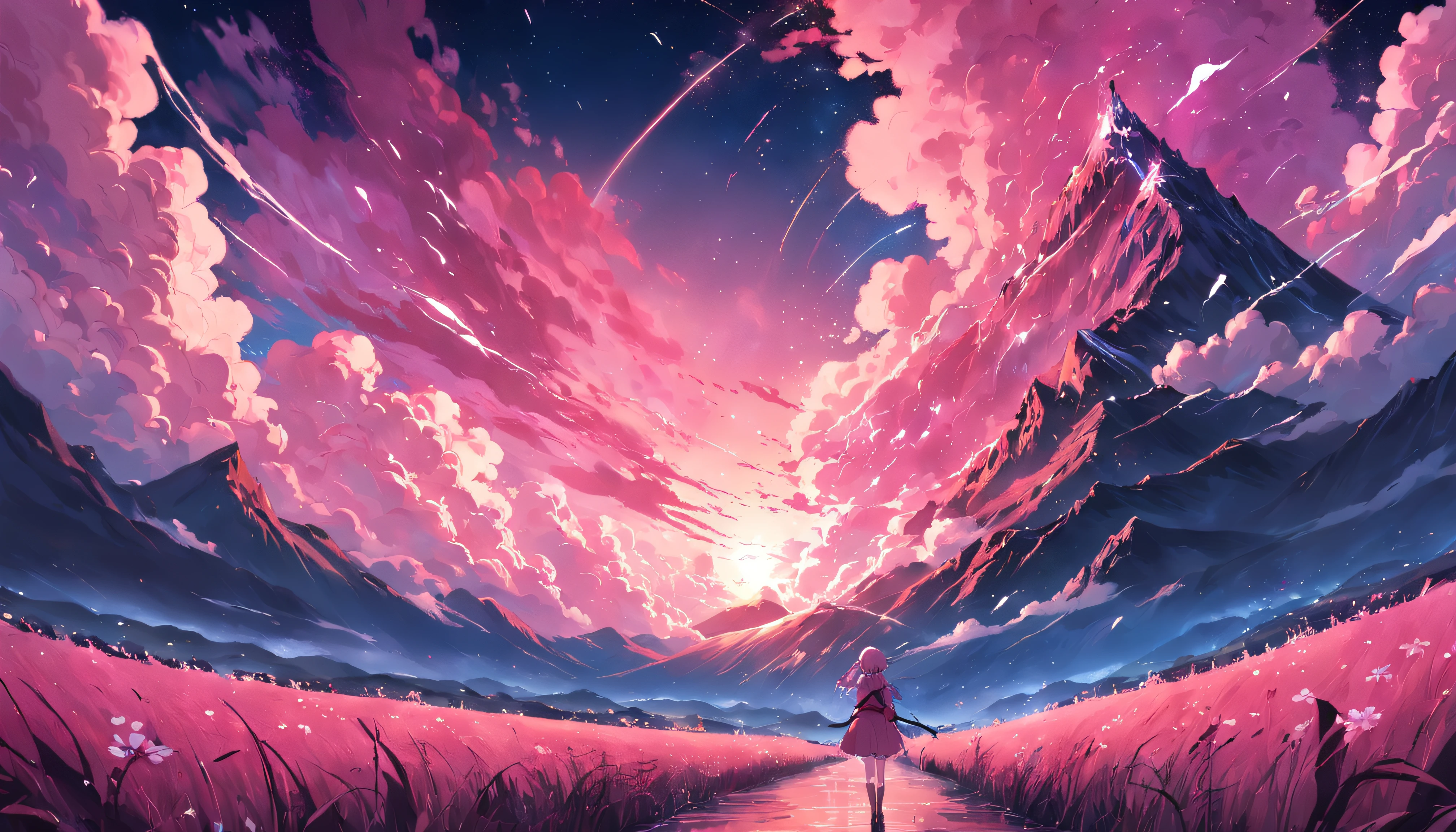 Anime girl looking at the sunset in a field with pink clouds - SeaArt AI