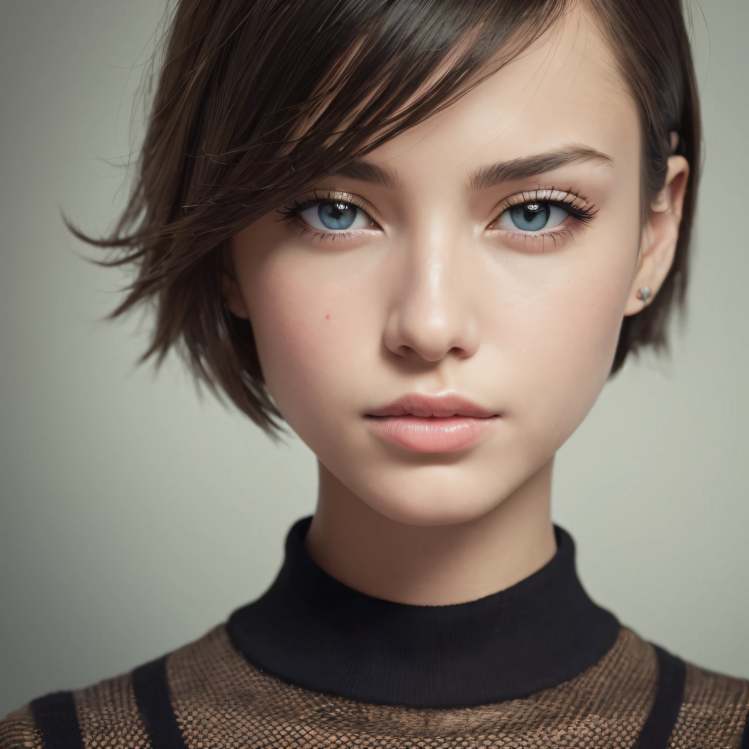Em um desenho realista, uma mulher de 21 anos cabelos no estilo sharp bob com franjinha, cabelos andulados. hair color is dark brown. Olhos azuis claro