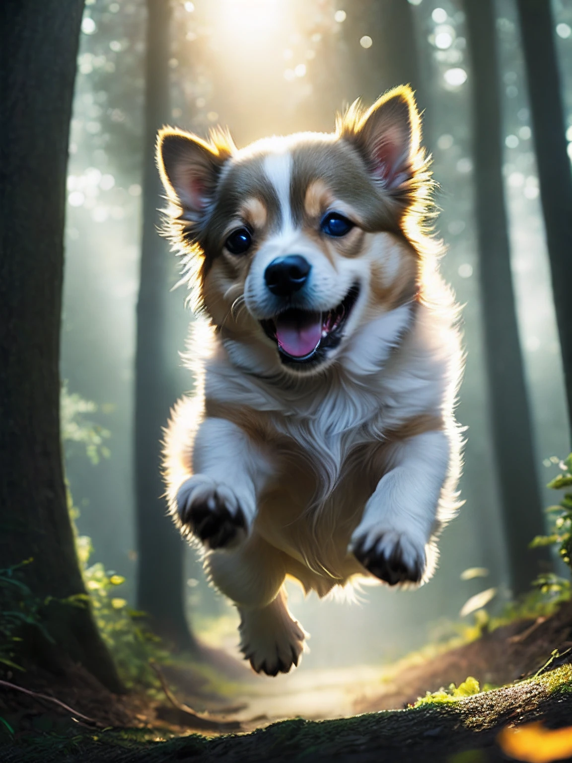 close up photo of a very cute jumping puppy in the forest, soft volumetric lights, (backlit:1.3), (cinematic:1.2), intricate details, (ArtStation:1.3), Rutkowski