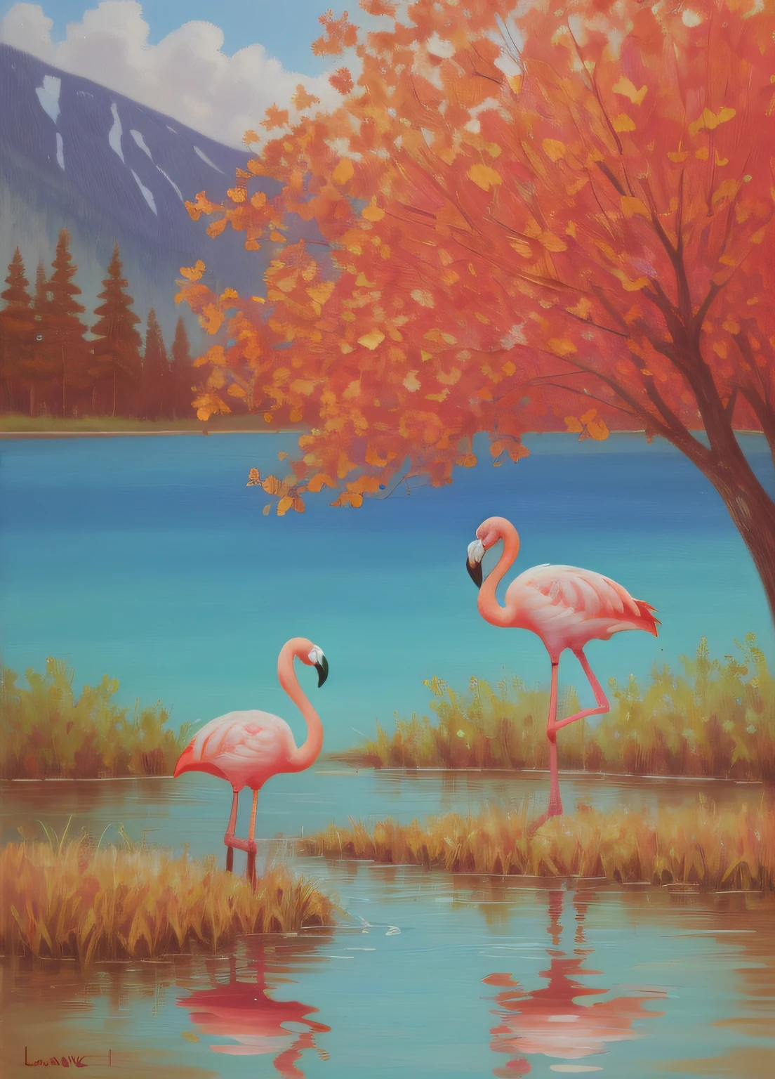 4k, (oil painting:1,5), intricate detail , flamingo mating , (love shape), lake, burning tree, oil painting, 4k, masterpiece