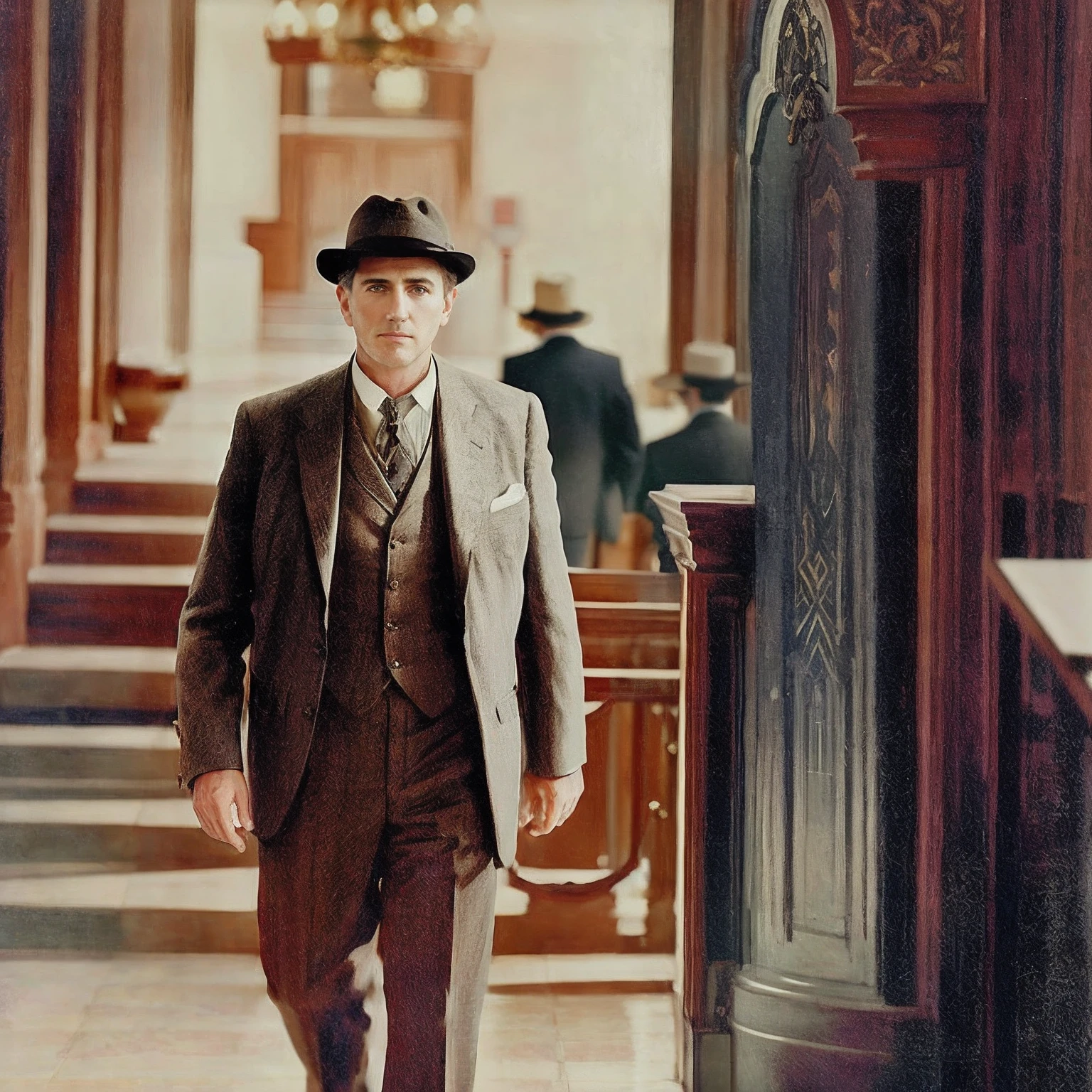 There's a middle-aged man in a suit and hat walking down a hallway, ainda do filme, inspirado em Maxwell Bates, a suited man in a hat,1920, foto realista, cinematic, twentieth century,