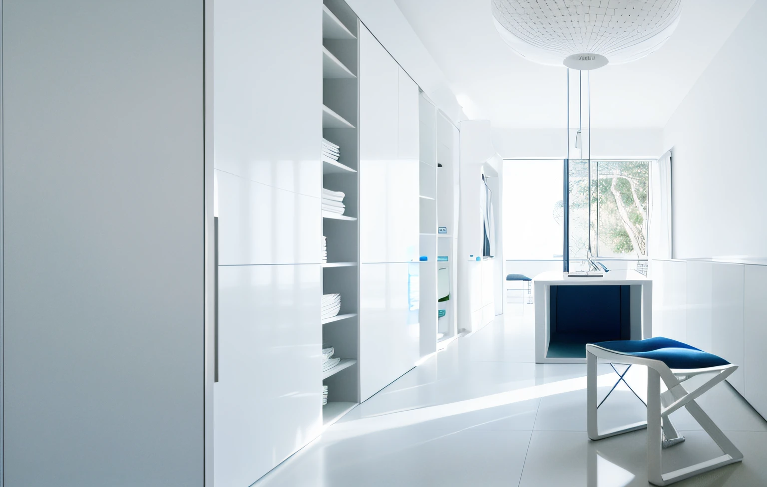 There was a white room,There are blue stools and windows, elegant futuristic wardrobe, glossy white, elegant wardrobe, elegant minimalism, High gloss, sleek white, zinc white, inspiring, white finish, unit, very minimalistic, White Room, cupboard, gleaming white, modern minimalist f 2 0 clean, King, in detail, award winning”, minimal modern