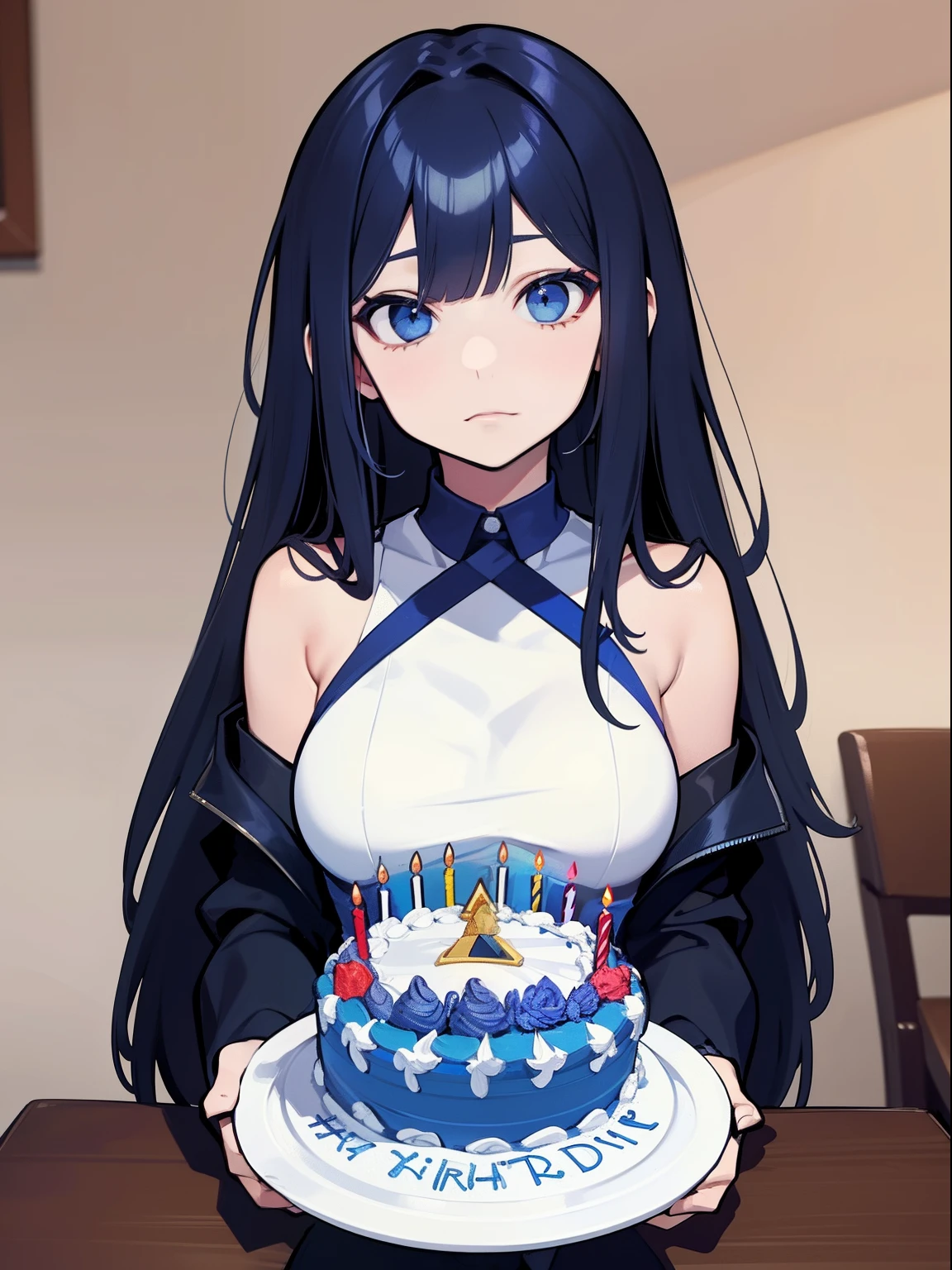 Handsome woman，cabelos preto e longos，Long straight hair，Qi bangs，blue color eyes，celebrating a birthday，The birthday cake，Long jacket，sleeveless tops，Shoulders exposed，orthofacial，A half body