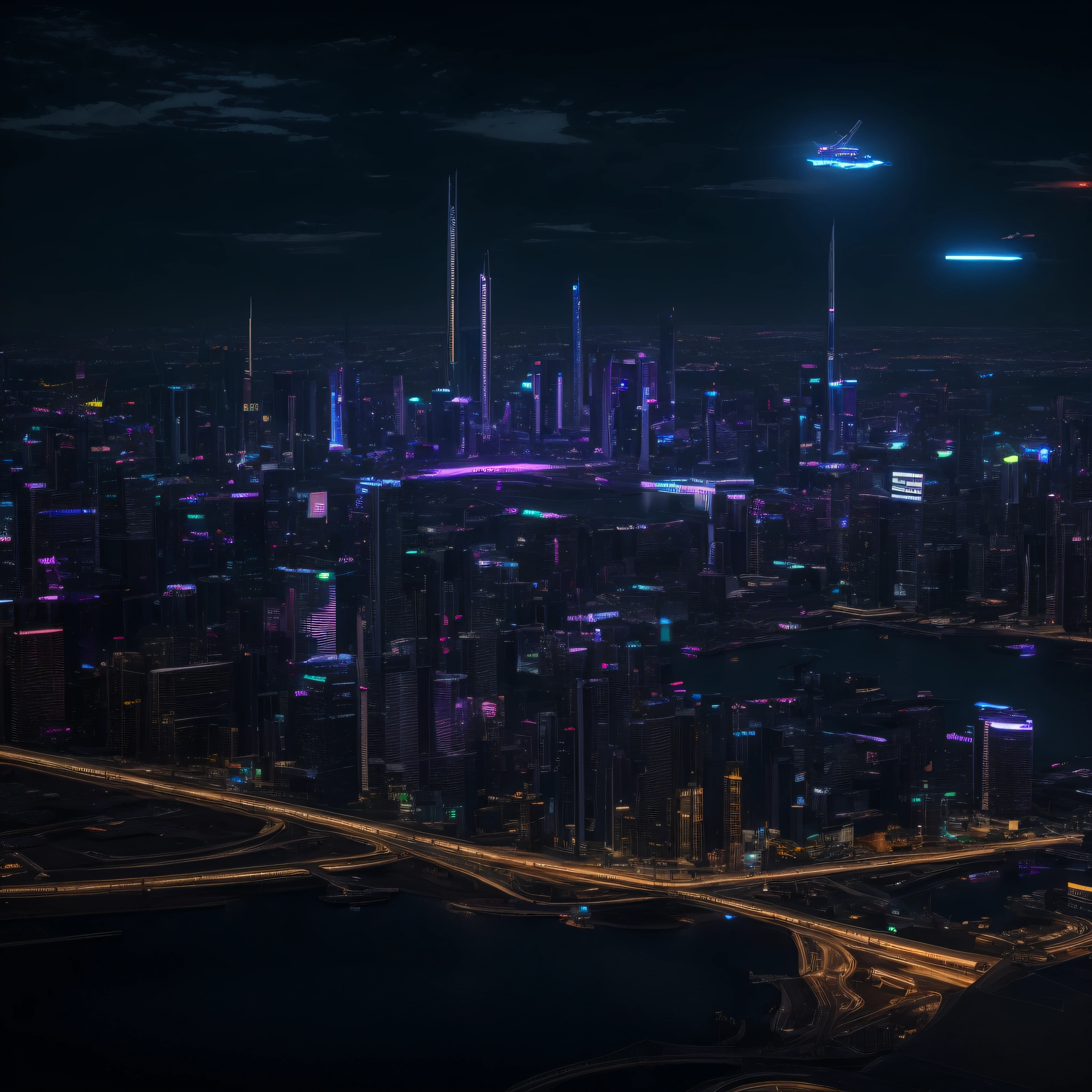Expansive cityscape of towering cyberpunk architecture, Be illuminated by a row of brilliant neon lights,There are spaceships in the air,There are cars on the ground,the motorcycle,UHD,ultra-clear,The background is a starry sky --auto