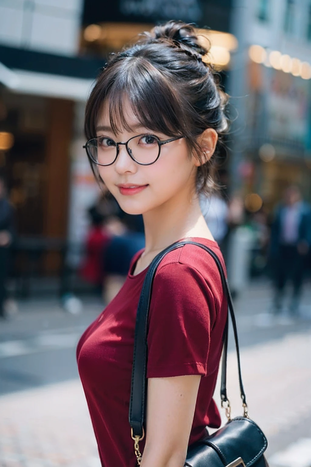 (8K、Raw photography、top-quality、​masterpiece:1.2)、(realisitic、Photorealsitic:1.37)、ultra-detailliert、超A high resolution、女の子1人、see the beholder、beautifull detailed face、A smile、Constriction、(Slim waist) :1.3)、((Red Shirt Clothing))、Beautiful detailed skin、Skin Texture、Floating hair、((Hair bunched into one))、large breasts with good shape、Professional Lighting、In front of the station at noon、((Black square glasses))、Whole human body、Black hair、((Have a shoulder bag))、