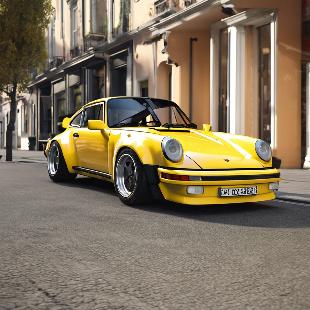 The Alapard Yellow Porsche 964 is parked on the road, Highly detailed Hyper Real Retro, Porsche 964, Porsche 964,, highly detailed 3d render, highly detailed 3d render, Porsche 964, 3D Hyper-realistic rendering, porch, Surreal renderings, hyperrealistic 3D rendering, Hyperreal Rendering,Reseat,Wide body,tail,Porsche 964