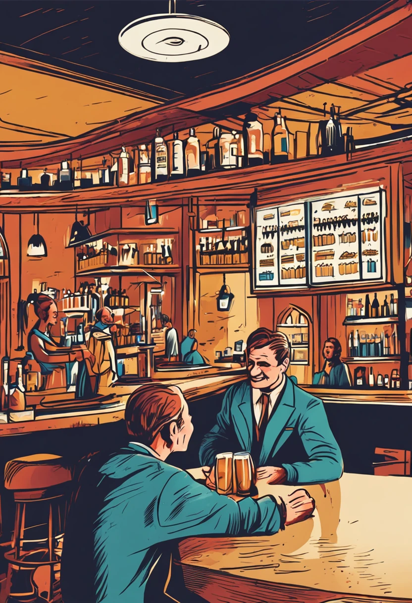 a waiter behind the counter served beer