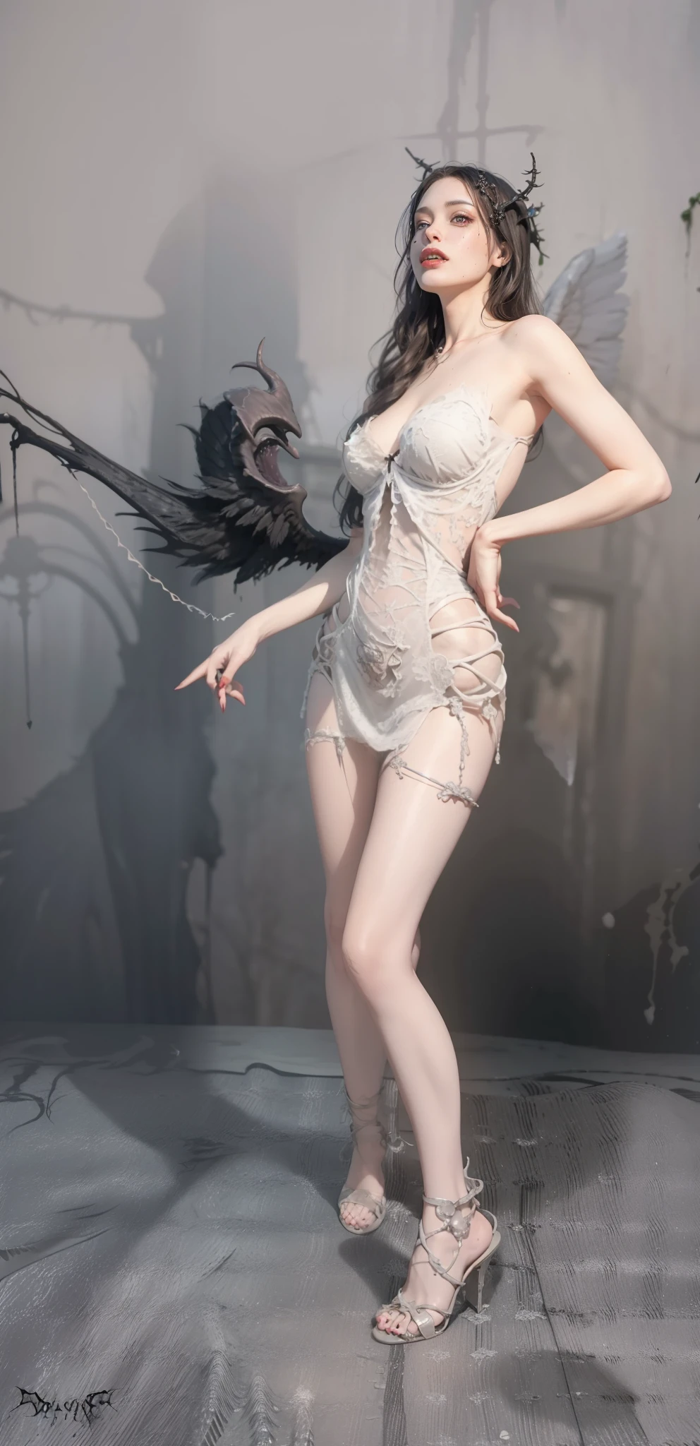 Fine matte painting, skeleton dark angel big wings haunted castle on drawing table full of knives, horror, spookiness, scary, secret horror, tentacles, vines, eyes, uncanny valley effect teeth, limbs, animals, blood moon,high-heels,8K