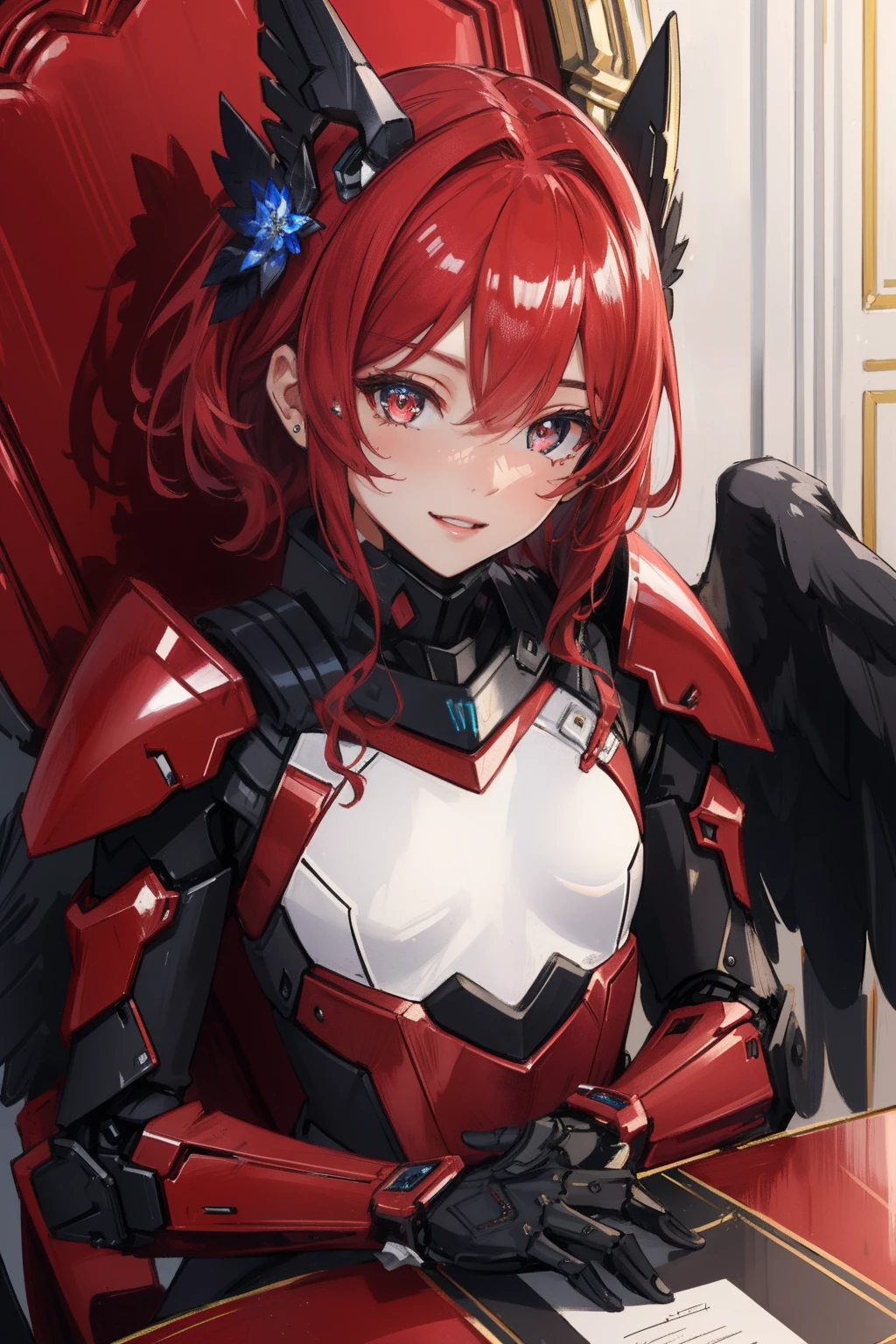 (master piece, Best Quality), Intricate details, (((Laugh))), valkyrie, (((kawaii))), Cheerful smile, Looking at Viewer, Deep Red Feather Headgear, Night, (((In the Red Room))), red wall, Sitting, Hand up, 15yo student, Upper body, light Particle,
1girl in, Solo, Realistic, ultra-detailliert, (Shiny skin:1.4), Absurd, slender, Dynamic lighting, High resolution, Sharp Focus, depth of fields, Detailed eyes, Sharp pupils, Realistic pupils, (((flat breast))), (thick thighs:1.0),
Portrait, swept bangs, short hair with black curly hair, Sapphire drooping eyes, crimson thighs, Deep Red Detached Single Sleeve, Robot joints, Crimson Grove, Crimson bodysuit, Crimson reinforced suit, Wings of Raven, pantyhose, Crimson Full Armor, flower decoration,