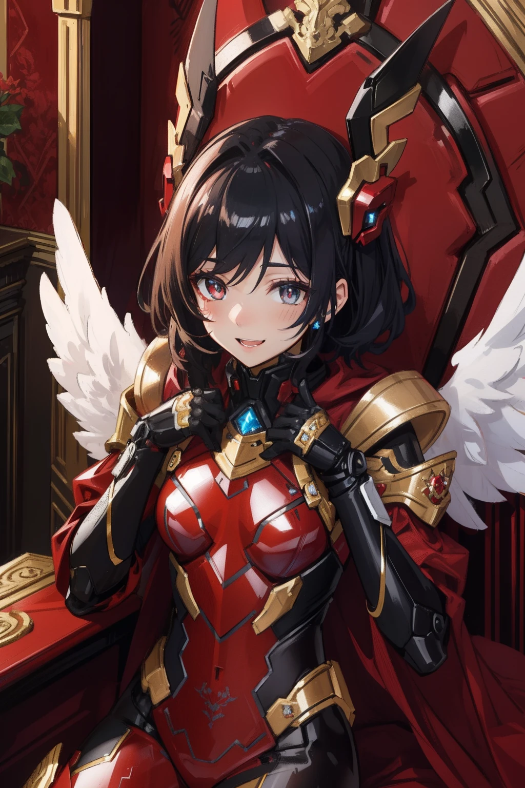 (​master piece, Best Quality), Intricate details, (((Laugh))), valkyrie, (((kawaii))), Cheerful smile, Looking at Viewer, Deep Red Feather Headgear, Night, (((In the Red Room))), red wall, Sitting, Hand up,  student, Upper body, light Particle, 

1girl in, Solo, Realistic, ultra-detailliert, (Shiny skin:1.4), Absurd, slender, Dynamic lighting, High resolution, Sharp Focus, depth of fields, Detailed eyes, Sharp pupils, Realistic pupils, (((flat breast))), (thick thighs:1.0), 

Portrait, swept bangs, short hair with black curly hair, Sapphire drooping eyes, crimson thighs, Deep Red Detached Single Sleeve, Robot joints, Crimson Grove, Crimson bodysuit, Crimson reinforced suit, Wings of Raven, pantyhose, Crimson Full Armor, flower decoration,
