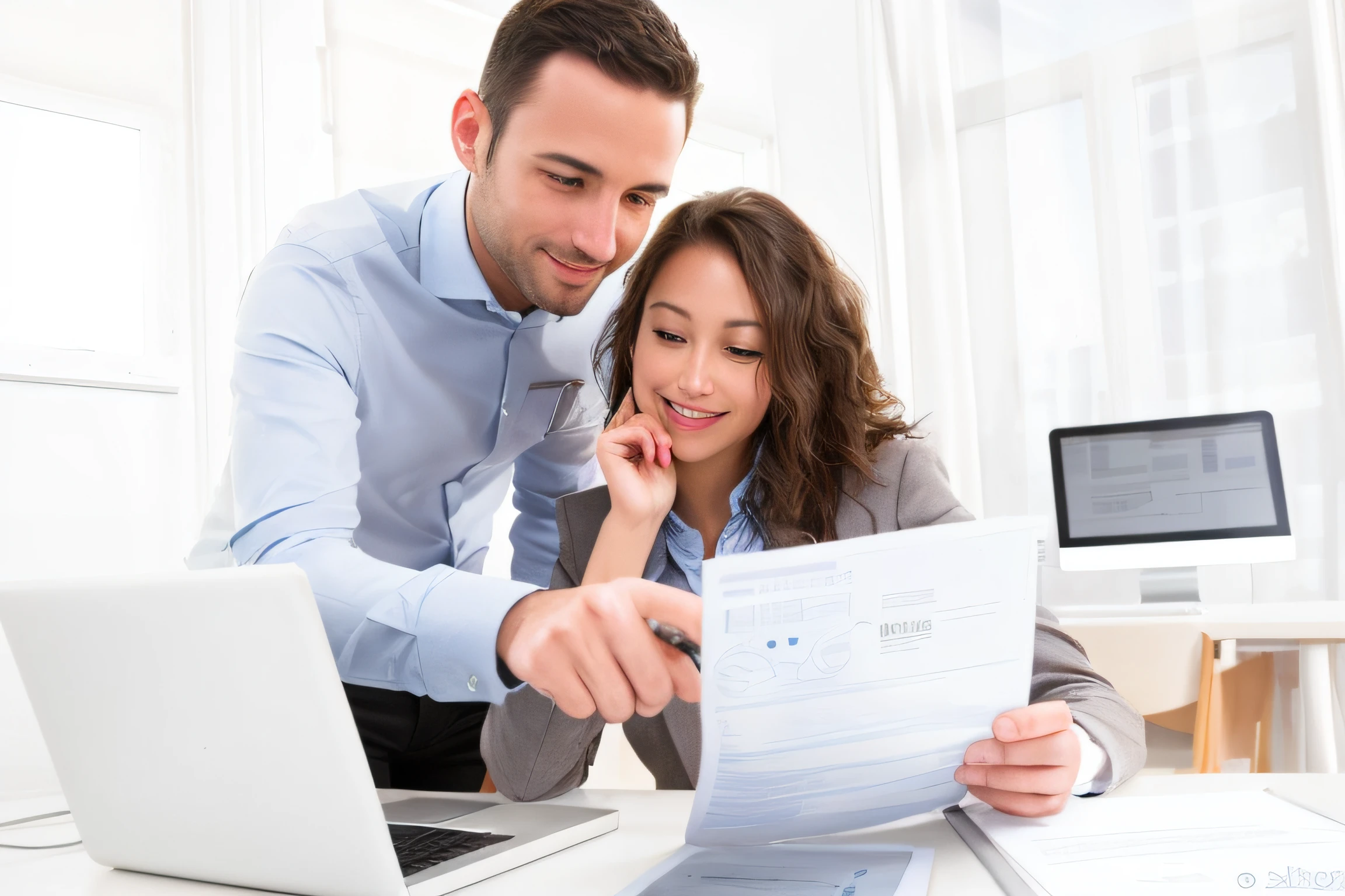They are reading documents on their desks with their laptops, customers, SleekDesign,  Advanced technology, Award-winning, Award - Winning, accurate and detailed, professional,, Clear detail, high key, Outstanding detail, Vibrant and dynamic,