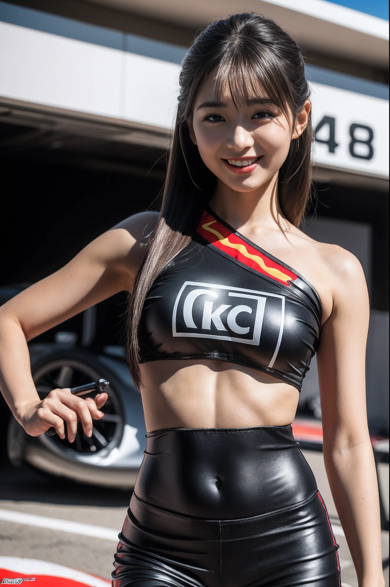 (((one shoulder gridgirl costume))),(((midriff peek))),(((show underboob ))),(((bare inner thigh))),(((show Formula One car))),ulzzang-6500-v1.1, (Raw photo:1.2), (Photo realistic:1.4), a beautiful detailed girl, extremely detailed eye and face, beautiful detailed eyes, ultra-detailed, High resolution, top-quality, ​masterpiece, highly detailed, 8k wallpaper, Wonderful, finely detail, top-quality, Light on the face,电影灯光,1girl in,(auto race track),Beautiful eyes,smile,Opening Mouth