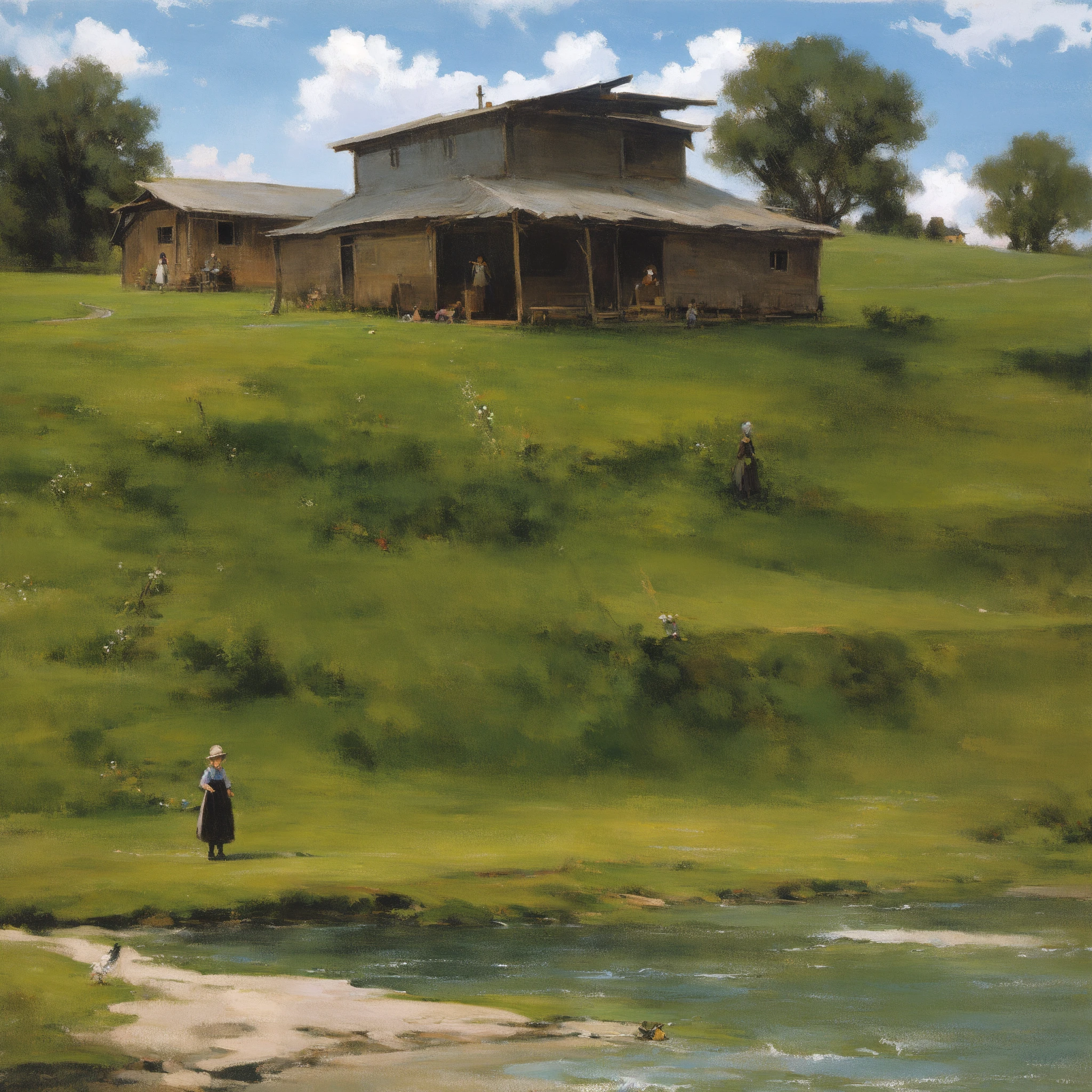 Oil painting Kind woman smile river willow bird small house woman standing next to the house next to the river The sky is clear