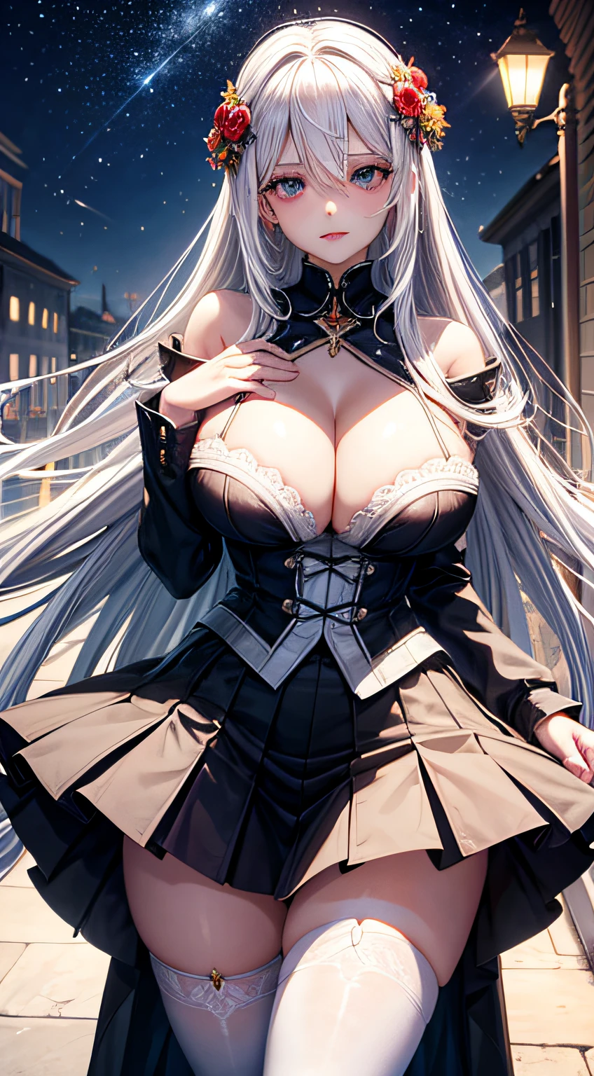 (tmasterpiece,best qualtiy),realisticlying,1girll,White hair,nedium breasts,huge tit,long whitr hair,cleavage,hair adornments,upper legs,White stockings,Cut the top,a skirt,parted lip,Be red in the face,the night,fresh flowers,