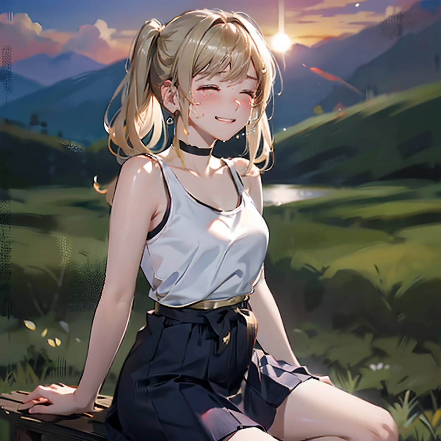 Top Quality, Best Masterpiece, 1 Woman, Solo, 20 Years Old, (Close Eyes: 1.4), Open Mouth, (Sad Smile Crying: 1.4), (from Side: 1.3), (Looking Away: 1.4) Slender Body, (Gold Hair), Low Twin Tails, Shiny Hair, Tank Top with Red Lines on Black, Checked Skirt, Black Sneakers, Blushing, evening, a lot of rice fields, big sunset, sitting in the steppe, choker, hiding hands behind your back