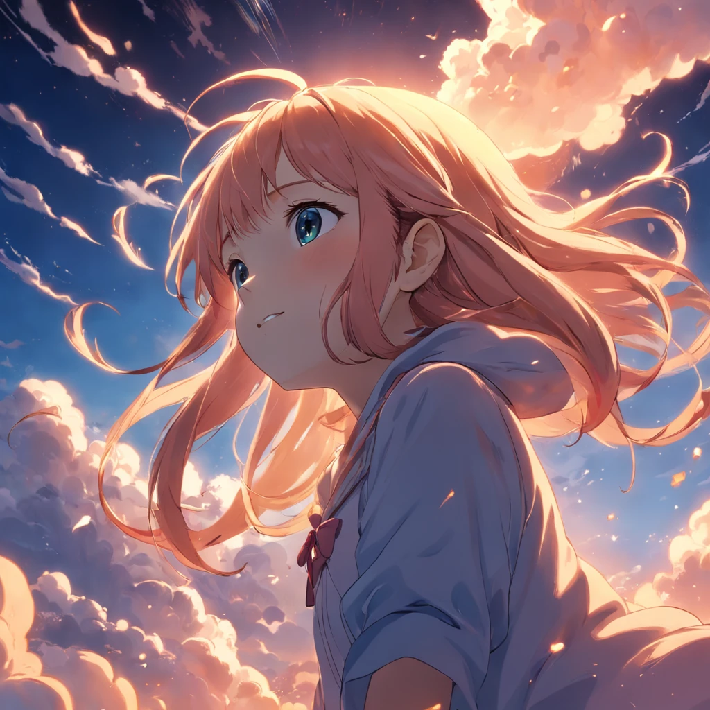 masterpiece, best quality, movie still, 1girl, cloud girl, floating in the sky, close-up, bright, happy, warm soft lighting, sunset, (sparks:0.7)