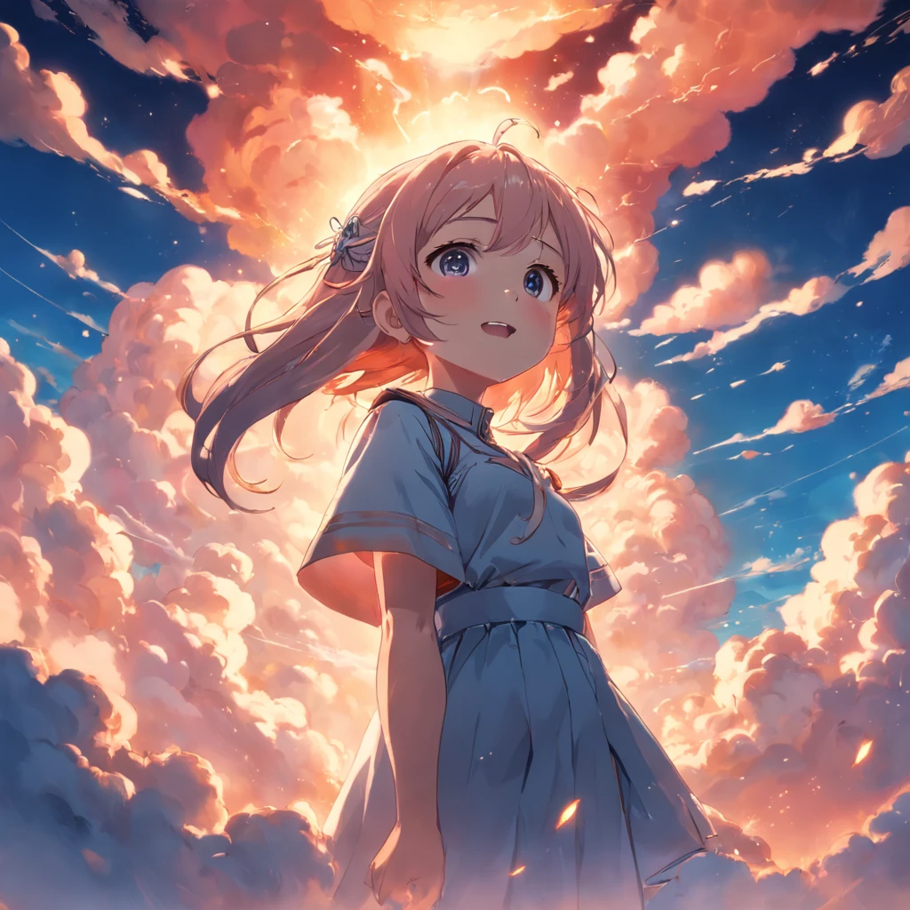 masterpiece, best quality, movie still, 1girl, cloud girl, floating in the sky, close-up, bright, happy, warm soft lighting, sunset, (sparks:0.7)
