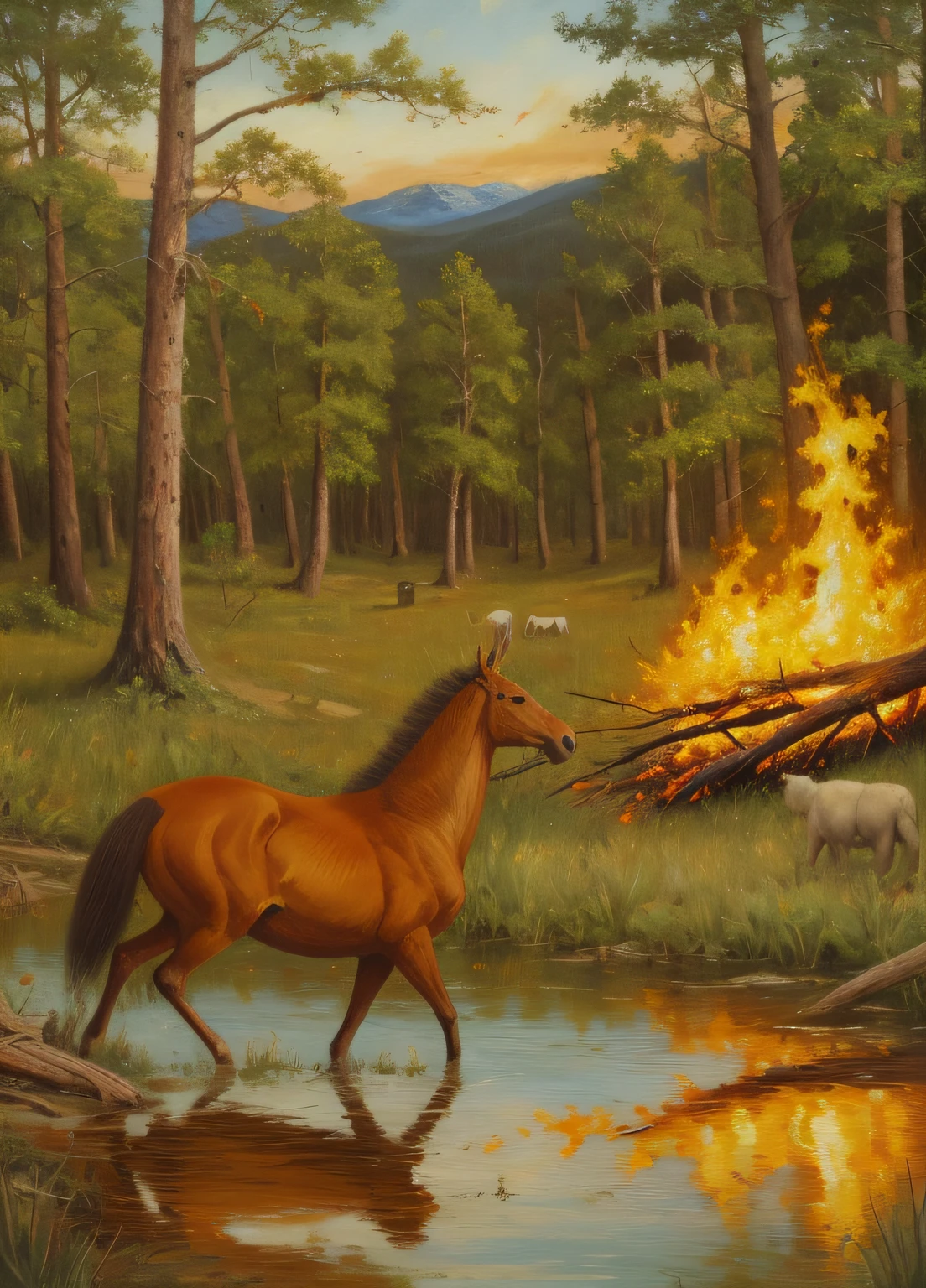 4k, (oil painting:1,5), intricate detail , animals in forest , hunter chasing them, fire, (love shape), lake, burning tree, oil painting, 4k, masterpiece