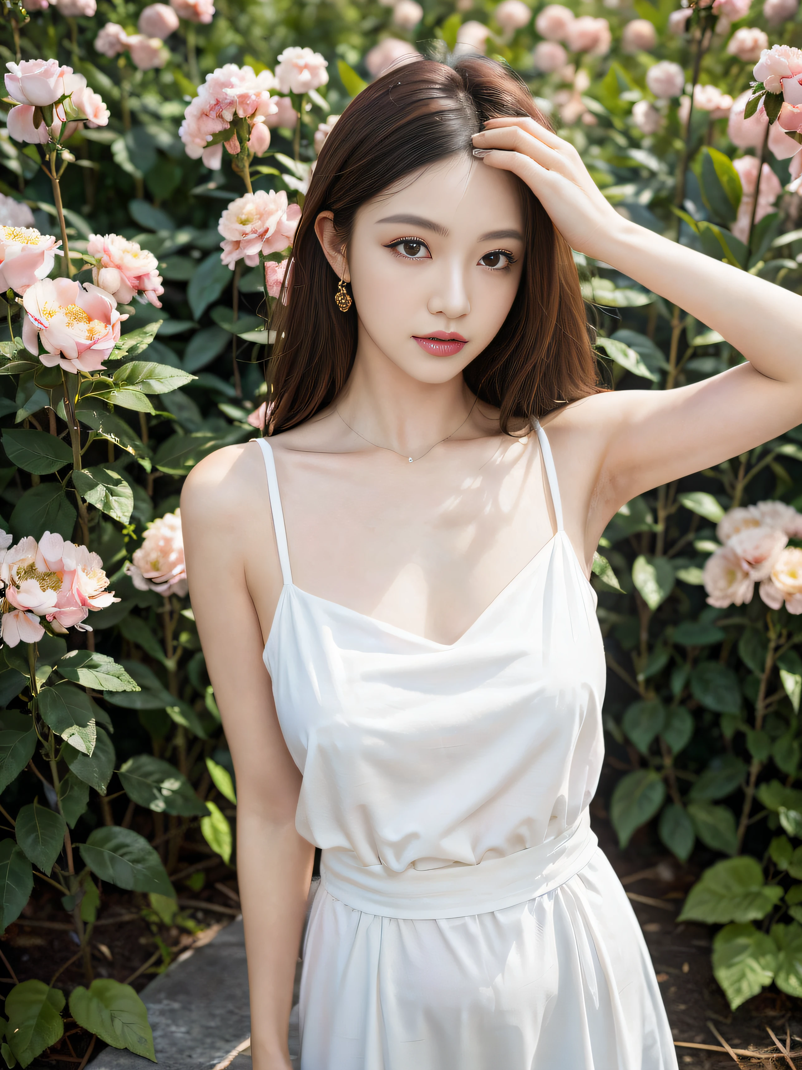 ，masterpiece, Best quality，8K, ultra-highresolution，(beautifull eyes:1.5)， ((Medium view，upperl body:1.5))，On a sunny spring day，The gentle goddess wore a long light white dress，Step on a sea of flowers。She leaned over and stroked the blooming pink rose，The temperature seems to be transmitted to the flower，Make them bloom more vividly，Exudes a fragrant aroma。