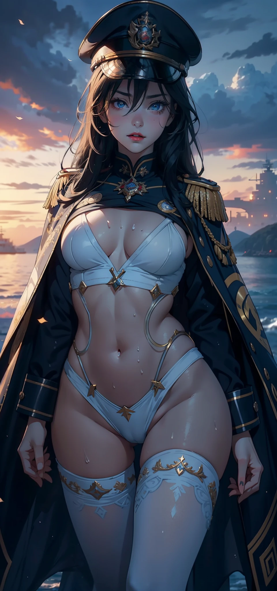 1womanl,3 girl,Small loli,smaunderboob,Big breasts Thin waist,long leges,Raised sexy,Pornographic exposure, 独奏,Beauty contests,standing on your feet(Background with:the sea,snow mountains,warships,at winter season,Blizzarding,Big snowflakes)On warships, with his long black hair,Long hair flutters in the wind,dynamicposes,Sweat profusely,drenched all over the body,seen from the front, hair straight, mostly cloudy sky,(((tmasterpiece),(Very detailed CG unity 8K wallpaper),best qualtiy,cinmatic lighting,detailed back ground,beatiful detailed eyes,Bright pupils,(Very fine and beautiful),(Beautiful and detailed eye description),Blue eyes,Redlip,ultra - detailed,tmasterpiece,)),facing at camera,(The upper part of the body),A high resolution,ultra - detailed),revealing breasts,Bare genitalia, Bulge,legs are open,sexyposture,Camel toes,Flushed complexion,Open-mouthed,frontage,Tsarist Russian officer,Officer's cap(Wearing:White cloak,down jacket,elementaryficer uniform,Bare genitalia,Bare breasts,Sexy leggings,Armour,Gold wire embroidery,Snowflake decoration)