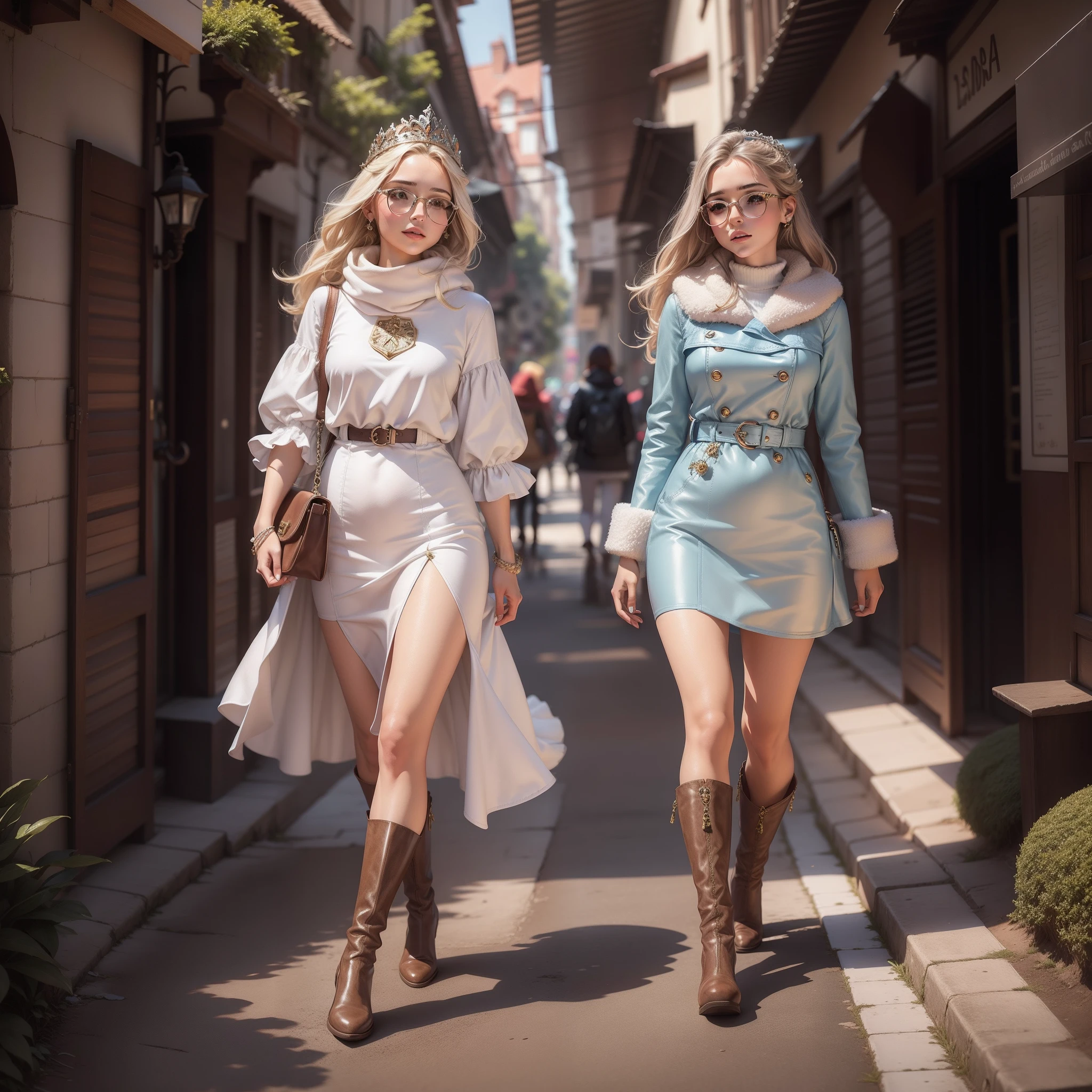 Princesa caminhando no gelo, com botas para inverno, lindo vestido para inverno, linda paisagem, hiper realista, super realista, alta qualidade.