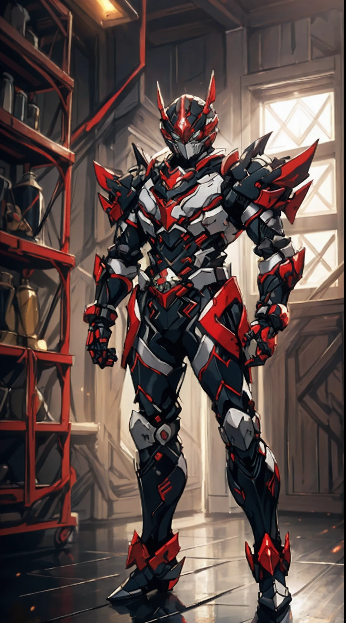 A man wearing a full-face helmet that covers most of his face, adorned in a biomimetic fantasy-style armor, the predominant black color is accented with red textures in the design this character embodies a finely crafted fantasy-style armored warrior design in anime, ((character concept art)), full body character drawing, high definition, best quality, ultra-detailed, extremely delicate, anatomically correct, symmetrical face, extremely detailed eyes and face, high quality eyes, creativity, RAW photo, UHD, 16k, (Natural light, cinematic lighting, masterpiece:1.5)