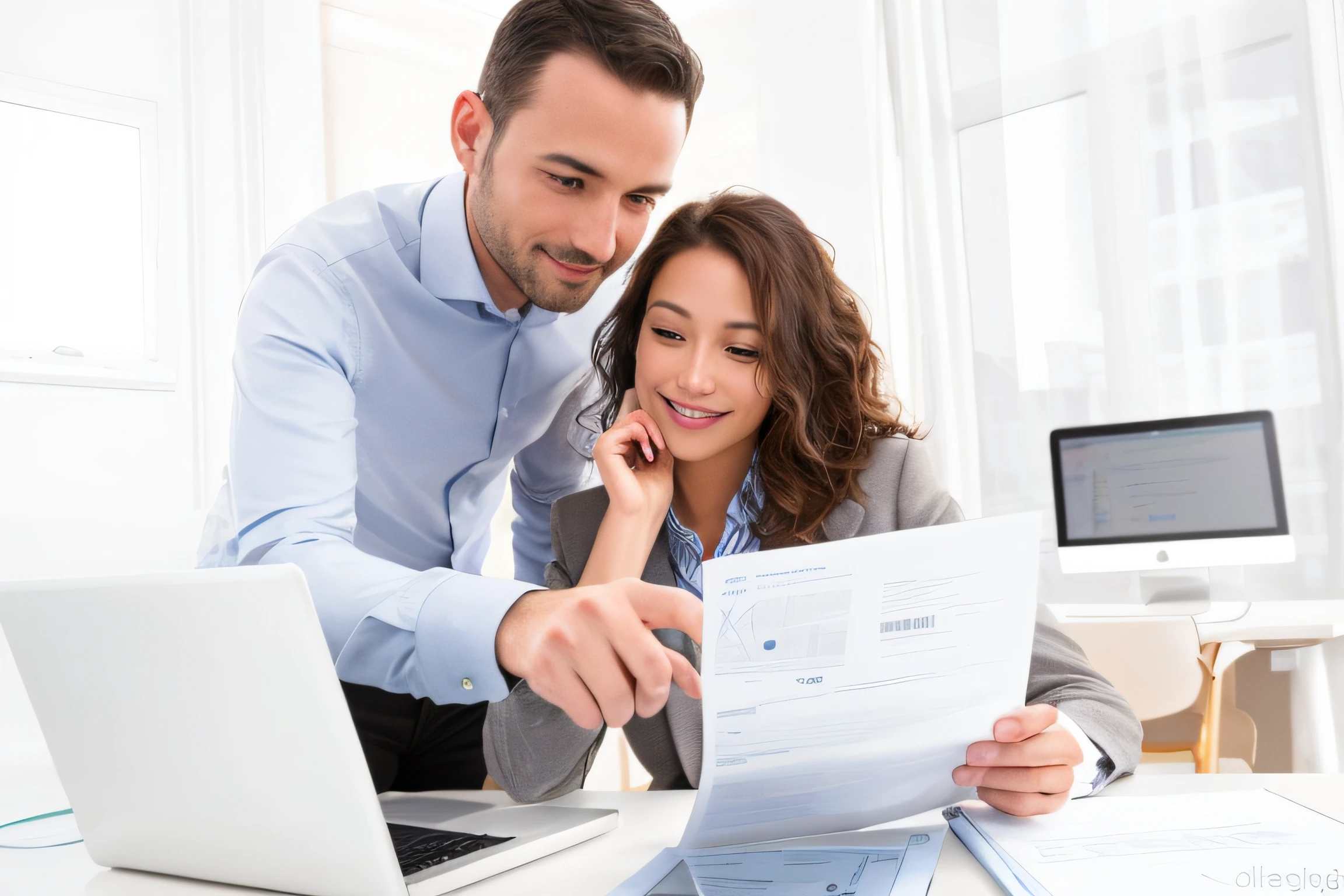 They are reading documents on their desks with their laptops, customers, SleekDesign, Advanced technology, Award-winning, Award - Winning, accurate and detailed, professional,, Clear detail, high key, Outstanding detail, Vibrant and dynamic,
