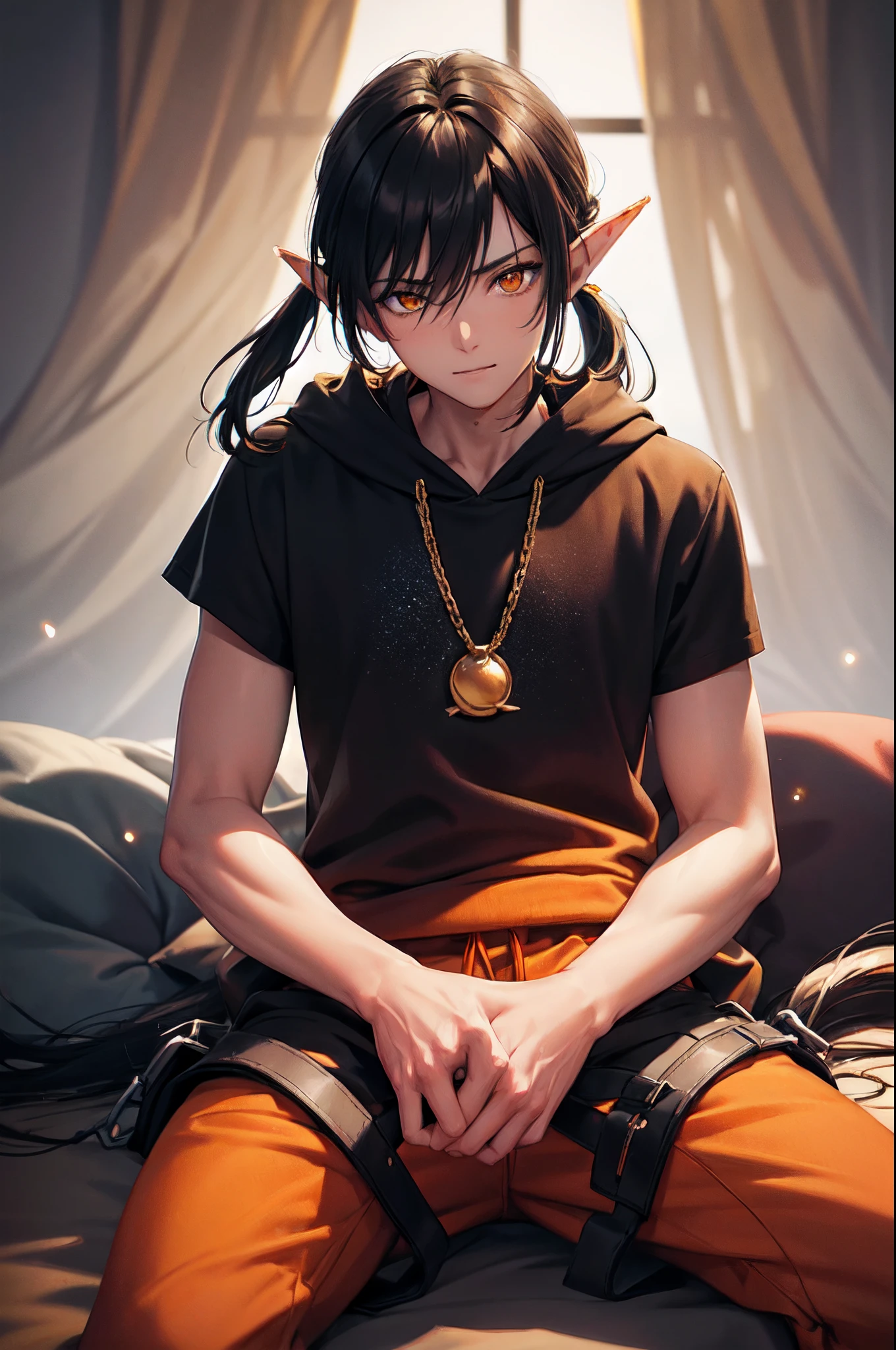 shinny hair, shinny eyes, sun lighting, rim lights, sparkles, shinny eyes, perfect hands, perfect detailed face, detailed background,side view, solo, bloom,cool, bright colours, shinny ,  2 arms,side lighting, solo,single person, masterpiece, high quality, orange hoodie, black hair, shaded hair, multicolour hair, pony tail, elf ears, baggy pants, orange shoes, chains, orange golden eyes, hot, handsome mascular guy male boy male, sitting on chair, looking down, glowing eyea, hair infront of eyes, yellow blue theme, mascular buff, male, guy, curtains room royalty, light smile, tilted head, blush, open hoodie, guy