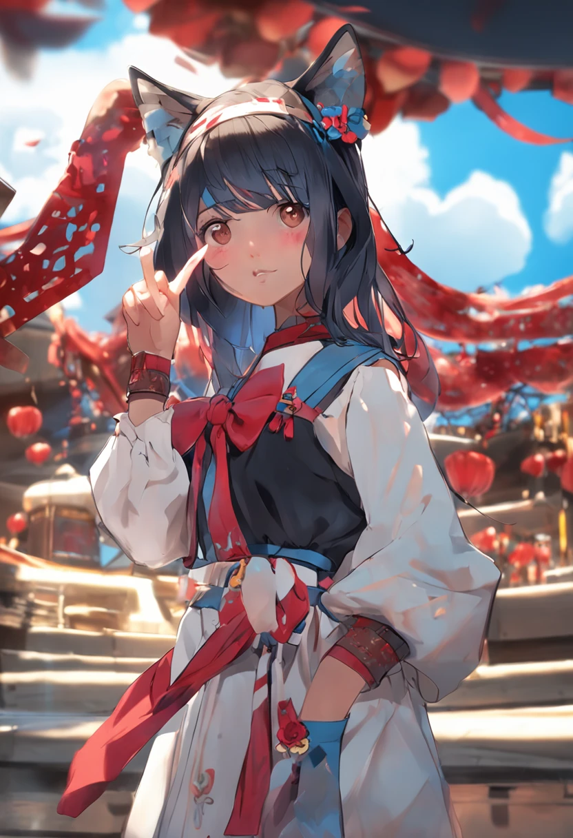 A girl, Asian face, Black hair, Big blue eyes, A large red bow on the head, Blue sky background, A cat in his arms, Look from the right, high resolution, The best quality, 8K