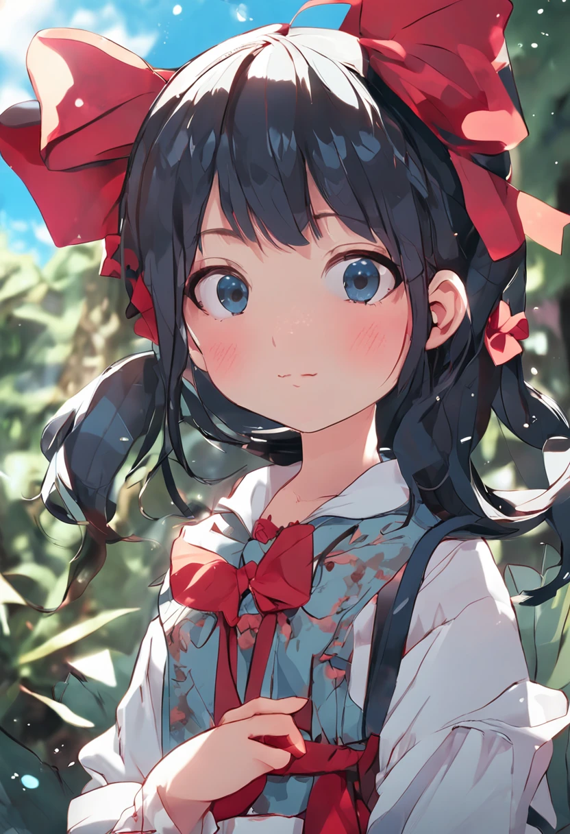 A girl, Asian face, Black hair, Big blue eyes, A large red bow on the head, Blue sky background, A cat in his arms, Look from the right, high resolution, The best quality, 8K