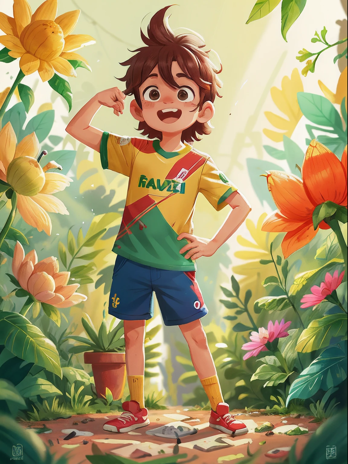 Garoto, 8 anos, cabelo raspado, wearing a shirt of the Brazilian national football team, saindo da escola, foco claro (desordem - casa: 0.8), (obra-prima: 1.2) (Realista: 1.2) (Bokeh) (Melhor qualidade) (Pele detalhada: 1.3) (Detalhes intrincados) (8K) (Olhos de detalhe) (foco nítido), (Feliz)