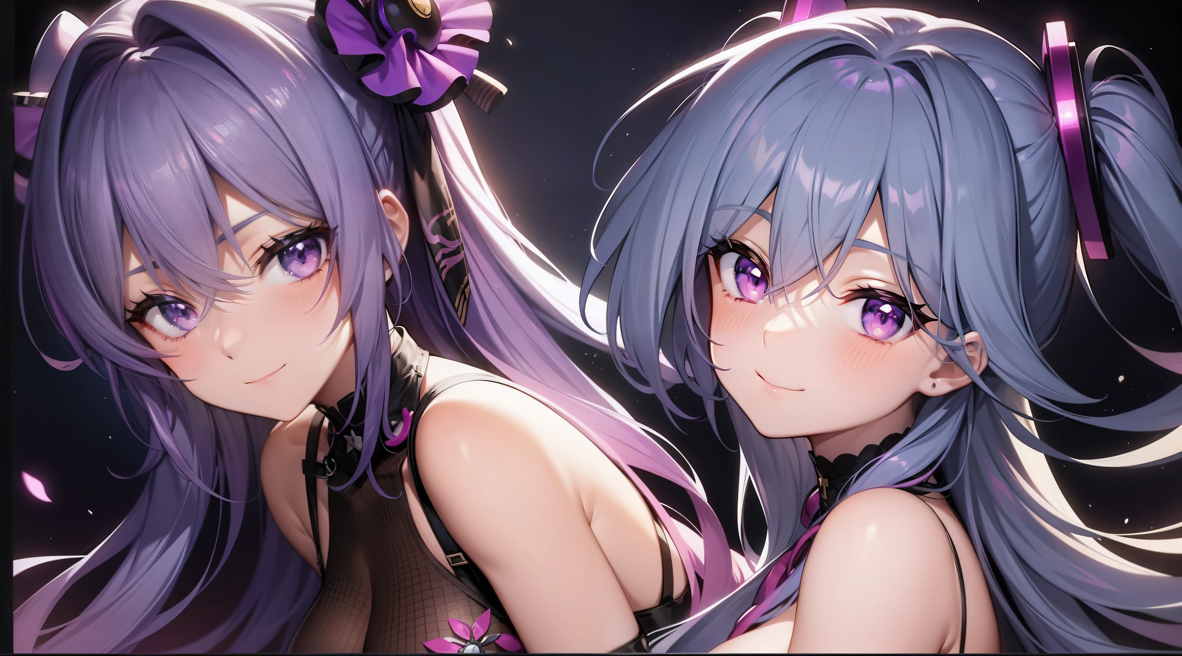 Anime girl with purple hair and purple eyes isolated on black background, A smile、Pink hair、best anime 4k konachan wallpaper,Purple in the hair of the video game Azure Lane, two beautiful anime girls, anime style 4 k, characters from azur lane, from girls frontline, Fine details. girls' frontline, Anime style. 8K, girls frontline cg, anime moe art style