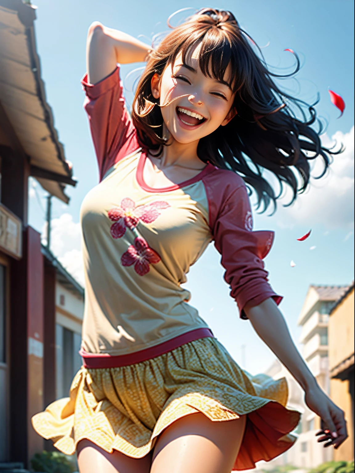 1girl in(((Laughing)))、Reaching the climax:1.３, short-cut、masutepiece、Bottoms are randomly generated、（ Pineapple illustration printed shirt ）、brown and dense hair、Red GI Cut、fleeing、Blooming flowers flutter in the wind，Girl in flowers，Light yellow and silver design，Pay attention to the texture of the skin and flowersShow me the wind blowing her clothes,Background bokeh:1.5