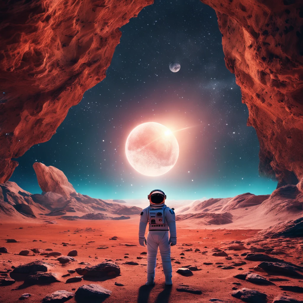 tmasterpiece, best qualtiy, cinematic film still, Camera in the sky, rock formations, water, sun rise, An astronaut standing in the middle, Stars in the sky
