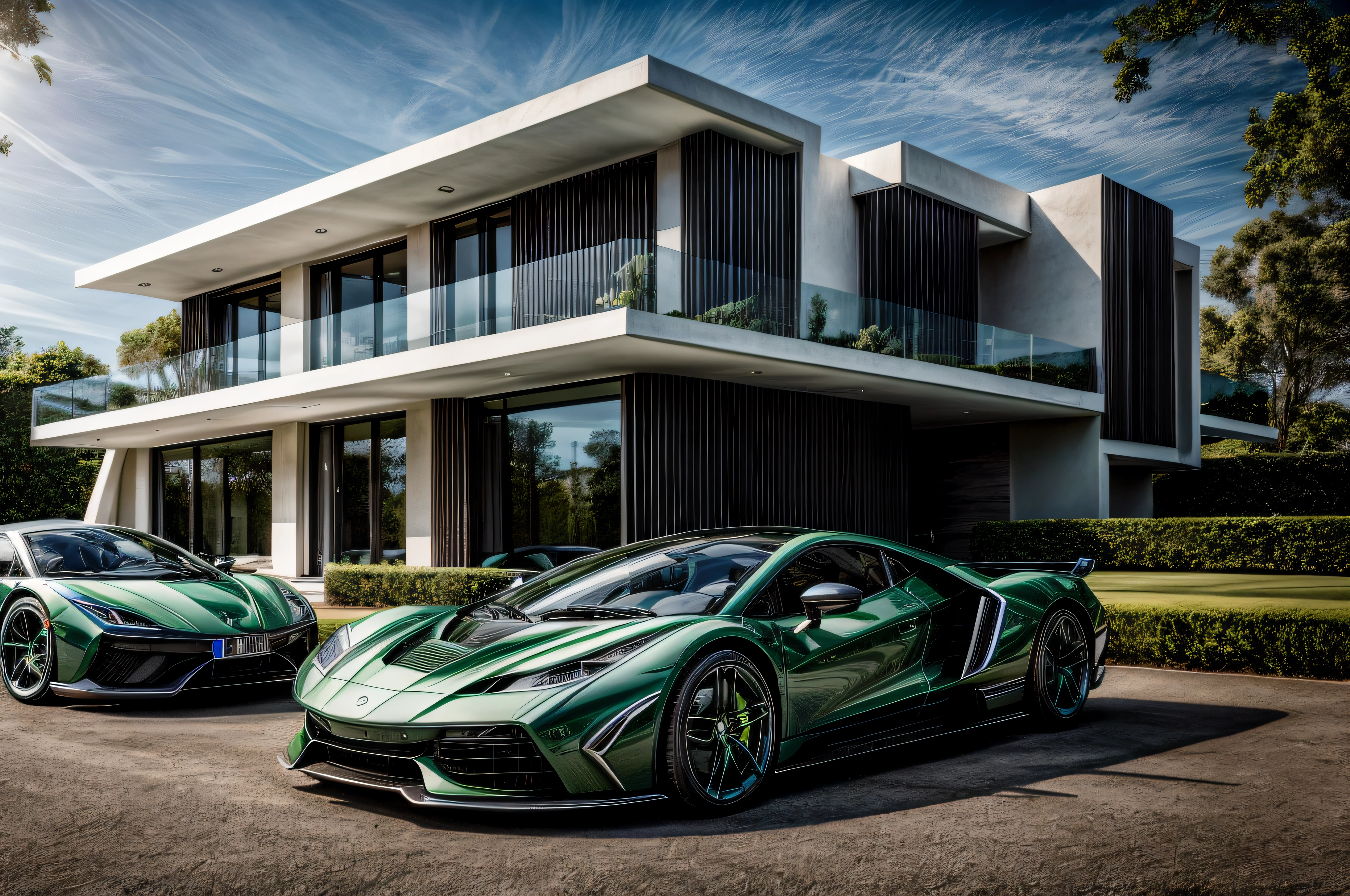 Modern mansion façade with super car in front, carro de cor verde, Front view, paisagem, background with blue sky, background with trees, highes definition, foto premiada, hdr