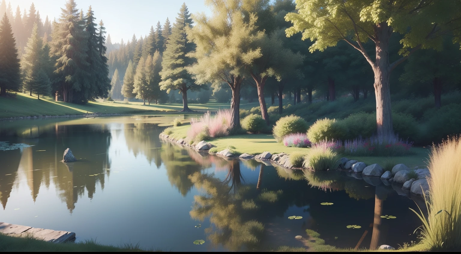 A beautiful pond,in a grassy area,8k