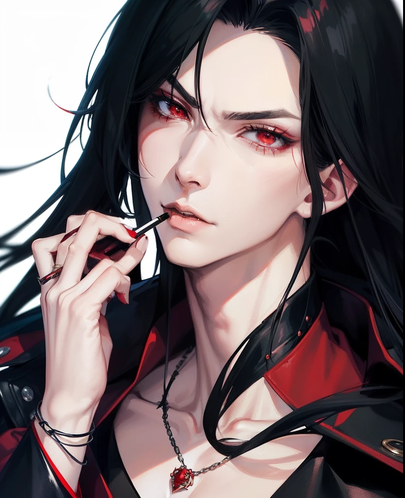 a close up of a person in a red cape holding a cigarette, l vampire, male vampire, alucard, androgynous vampire, tsurumaki kazuya, anime vampires, male vampire of clan banu haqim, handsome male vampire, inspired by Yamagata Hiro, shigenori soejima illustration, vampire, anime style, anime version