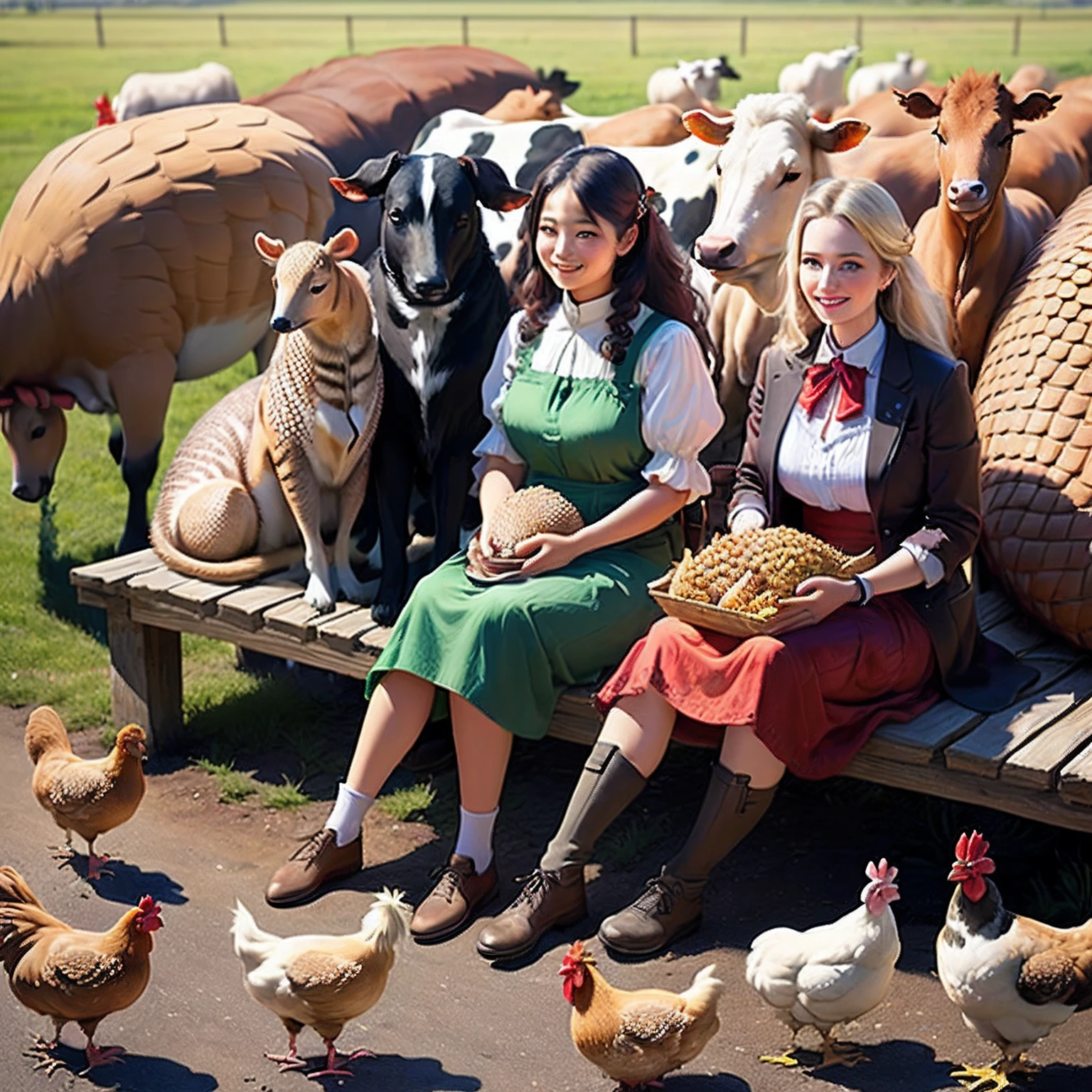Dogs, chickens, cows, pangolins, cats group photo