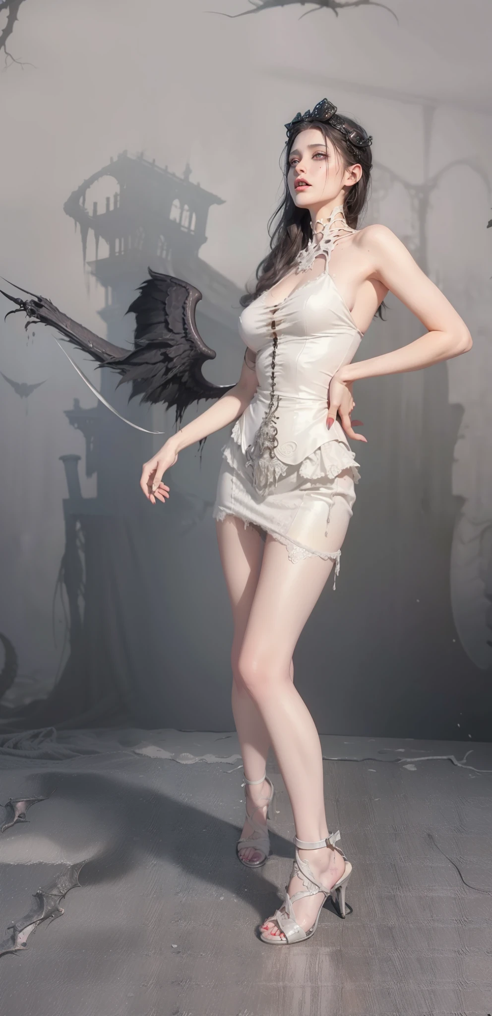 Fine matte painting, skeleton dark angel big wings haunted castle on drawing table full of knives, horror, spookiness, scary, secret horror, tentacles, vines, eyes, uncanny valley effect teeth, limbs, animals, blood moon,high-heels,8K
