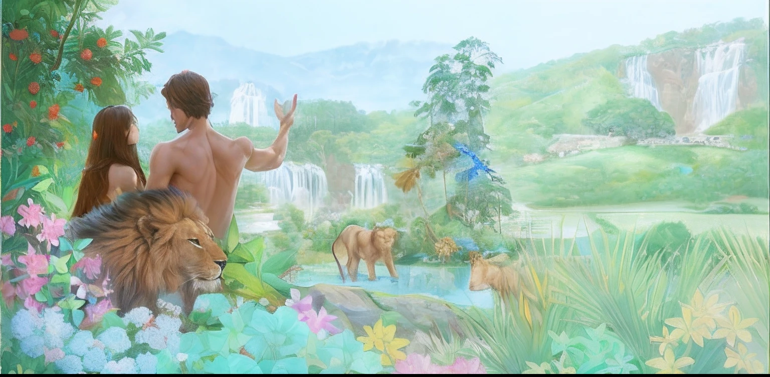 paradise, a paradise、Adam and Eve、Adam and Eve、Both of them naked、Only the upper body is visible、The lower body is hidden by a lion、facing back、paradis。