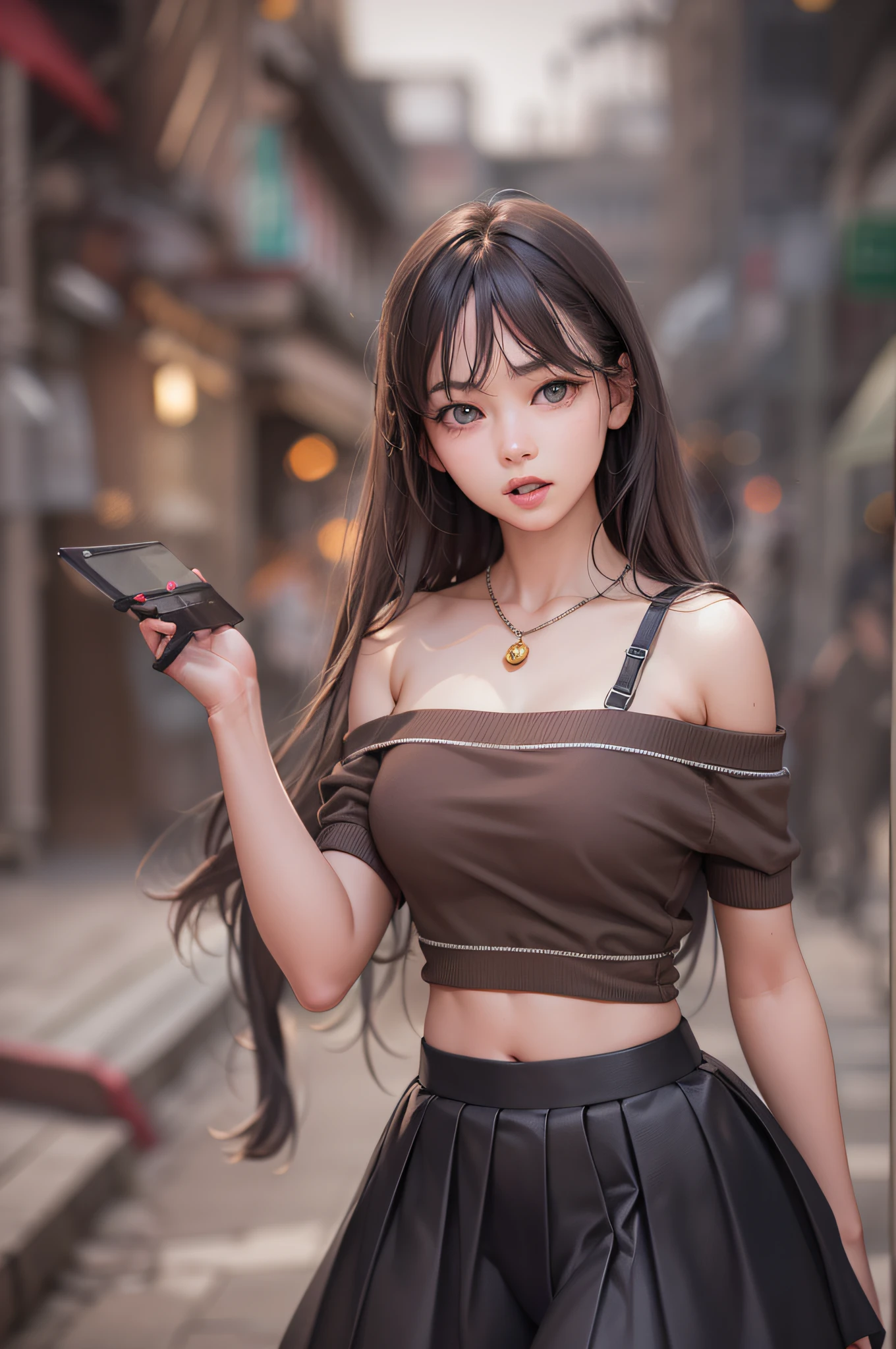 ,(RAW photo:1.2), (Photorealistic:1.4), Beautiful Meticulous Girl, very detailed eyes and faces, Beautiful detailed eyes, ultra - detailed, A high resolution, The is very detailed,best qualtiy,tmasterpiece,The shirt,a skirt,illustratio,The is very detailed,unified,8k 壁纸,finely detailled,tmasterpiece,best qualtiy,Unity8k wallpapers,light in face,cinmatic lighting, 1girll, 16 years old,(Camel toes),(full bodyesbian),are standing,an off-the-shoulder top,鎖骨,Bigchest,black short skirt,black lence stockings,high-heels,the street,城市