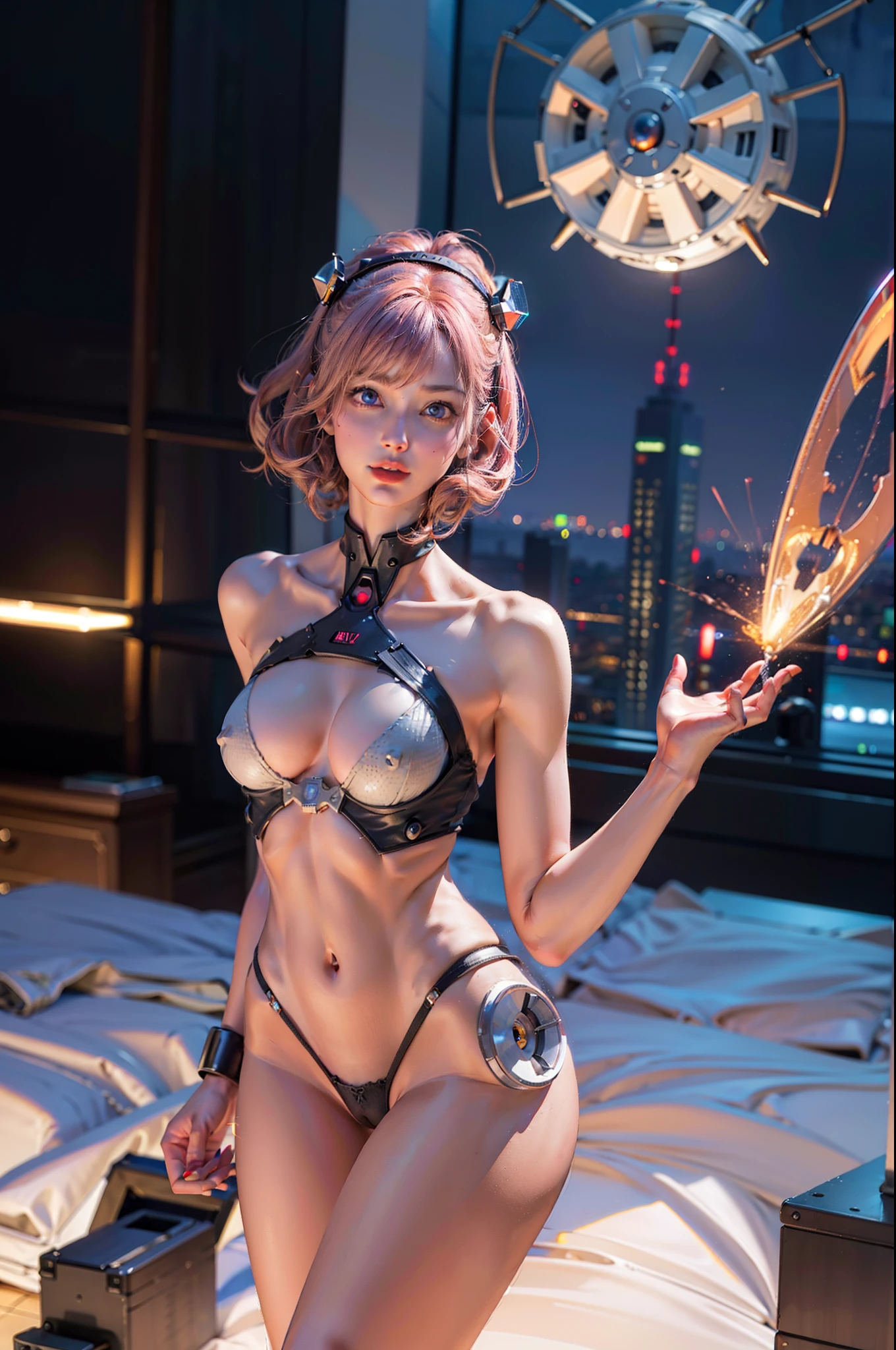 A futuristic, Dramatic lighting,Light from the front、Super detail、Best quality, color difference, inside in room,Beds,Clean pink sheets,The walls are covered with female face masks,The walls are covered with accessories,foco nítido, Dynamic lighting, Cinematography lighting、(Well equipped:1.9),(photo-realistic:1.9),Shoot from the front,(best qualtiy: 2.0),(超高分辨率: 2.0),Authentic cinematic feel, Small glowing lamps, globalillumination, Best-in-class ray tracing quality, Masterpiece, 超高分辨率, ((Photorealistic: 1.4), RAW photo,detailed photograph, Hyper-realistic, Hyper-realism, depth of fields、vanishing point、,detailed photograph, Hyper-realistic, Hyper-realism, depth of fields、vanishing point、light coming from above、Pristine textured skin, Super detail、Best quality, (Camera focal length:1.1),Deep shadows, Octane rendering, 8K,metal, glass,plastics,Transparent housing,Intricate Ornament Details, baroque detailed, very complex details, complex 3 d render,Edge lights,Cyber limbs,ultra-realistic realism,parfect anatomy,Cable Electrical Wire,micro Chip,iintricate,ultra - detailed,unreal-engine,fanciful,concept-art,Sharp focus,Luzes Realistas, CGSoation trend,sci-fy,scientific fiction,Android,man-made,Artificial creatures,Mechanical maid,dwarf,Service-oriented,1 mechanical, 1robot,Spider robot,leaning-forward:1.8),(The back is curved:1.4),Chin raised,Ultra-realistic translucent robot,(Pink LED light eyeball:2.0),glowing light eyes,(A smile:1.8),Delicate short hair,Clear belly,Glass belly,Mechanical thigh joints,Mechanical femur, (hyper realistic detailed)), Mechanical back of the neck,Has a feminine body, Ultra-realistic,(huge tit:2.0), cyborg people,cyborg robot parts,The torso is made of glass, semi transparent、transparent backround,Clear your throat,Clear legs,Human pubic bone,Skin simulation,Thin crotch,(Pink LED bra:2.0),Artificial skin on the buttocks,There are shiny lines on the body, Smooth and futuristic, Sleek and beautiful, sci-fy, future design, Mechanical limbs,