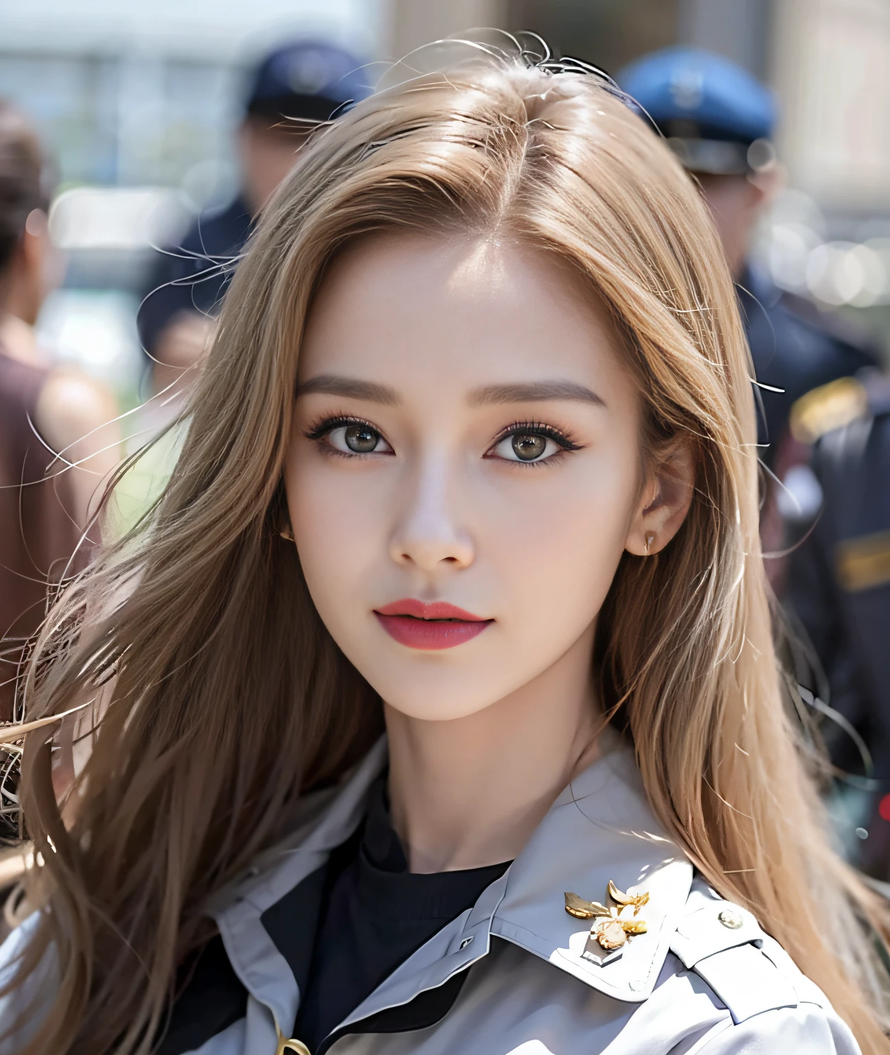 A female officer,golden hair,looking to the camera