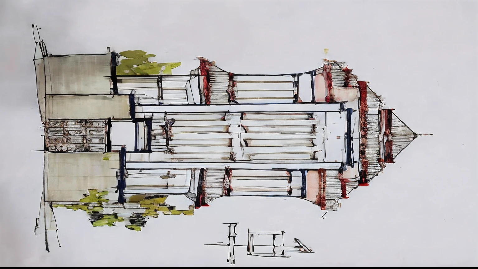 drawing of a house with a clock tower and a tree, inspired by Tōshi Yoshida, artwork of a building, architectural sketch, colorful architectural drawing, chinese building, tibetan inspired architecture, architecture drawing, inspired by Takeuchi Seihō, architectural concepts, nepali architecture buildings, architectural drawing, architectural concept, architectural painting, water color and pen