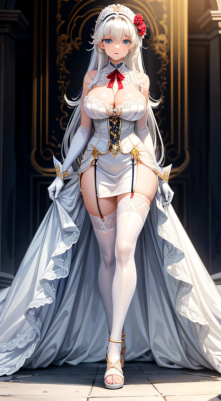 (Complete head:1.9) ,(tmasterpiece,Need),realisticlying,1 girl with white hair,nedium breasts,huge tit,long whitr hair,cleavage,hair adornments,upper legs, white stockings,White lace-rimmed gloves,Black dress long dress,parted lip,Be red in the face,the night,fresh flowers,Women wear elegant and elaborate clothing(High-heeled ribbon sandals),( White stocking feet), Perfect body, perfect hand, perfectfingers, Perfect eyes,Stage background,