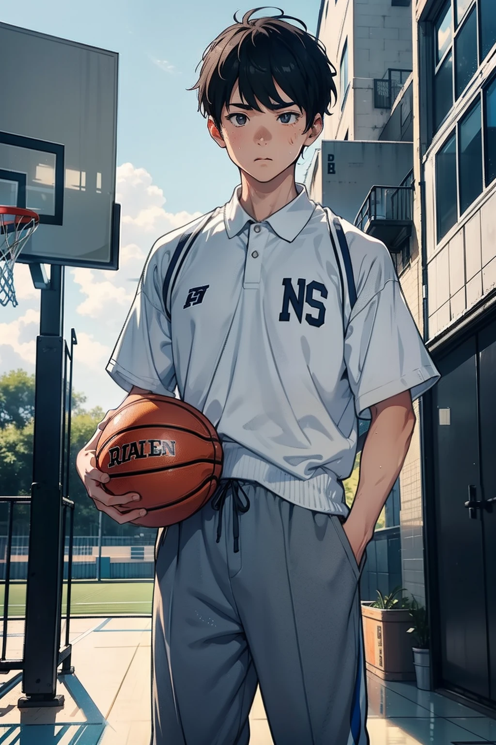 A boy is in、college aged、basketball playground、Mashed potatoes cut hairstyle、basketball suit、grey pants、standing on your feet、Upper body portrait、Wipe the sweat from your forehead with your hands、brightly、