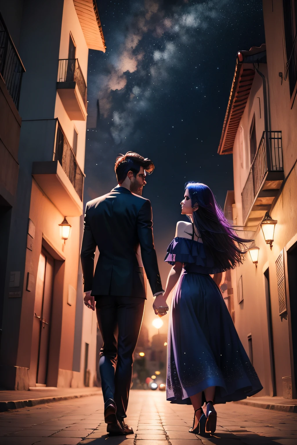 noivos, homem e mulher, blue skies, com estrelas, Buildings, cidade, tons em azul, preto, roxo e tons laranja, Couple holding hands